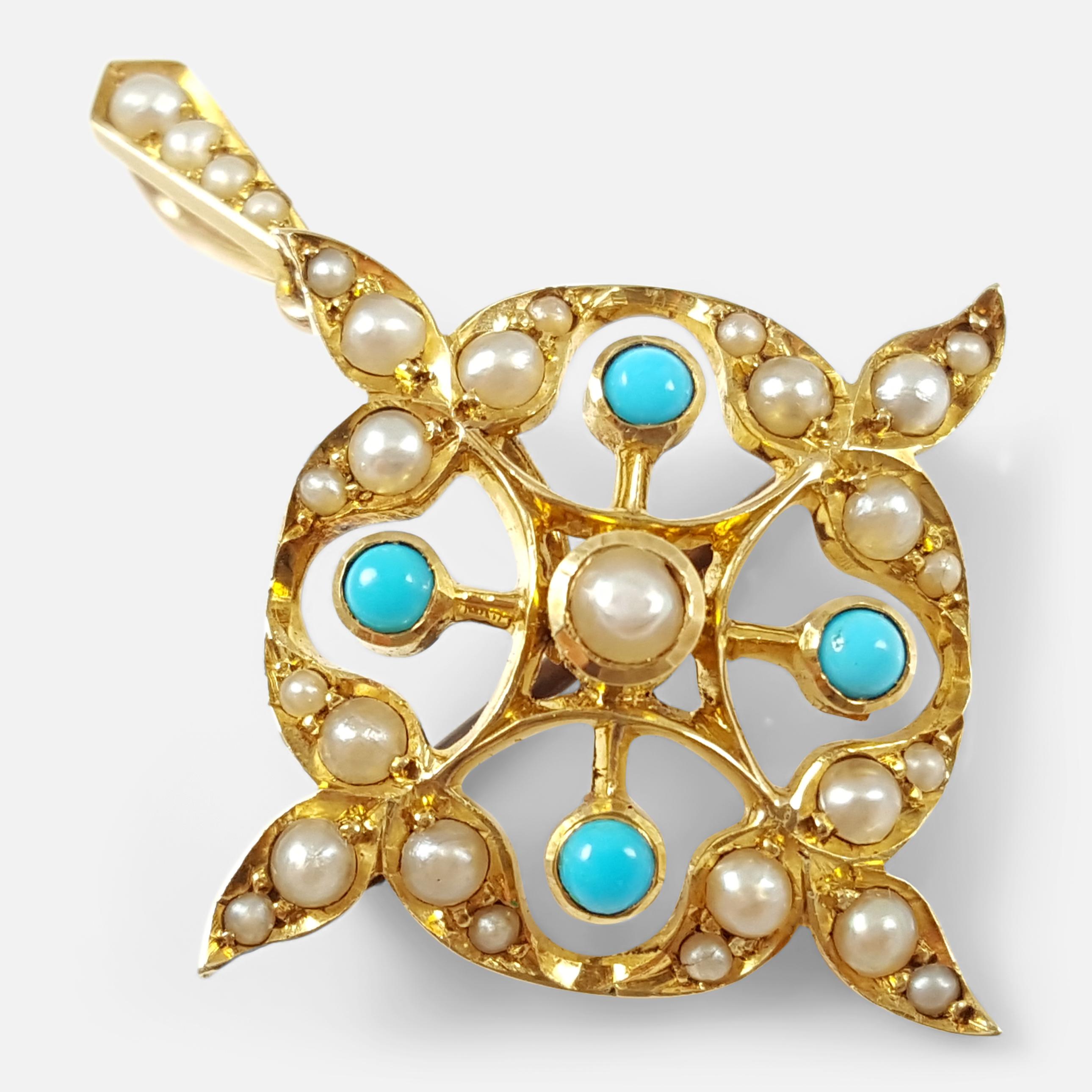 Edwardian 15 Karat Gold Turquoise Cabochon and Seed Pearl Pendant Brooch 4