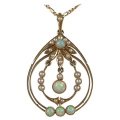 Edwardian 15 Karat Yellow Gold Opal and Pearl Pendant with Chain