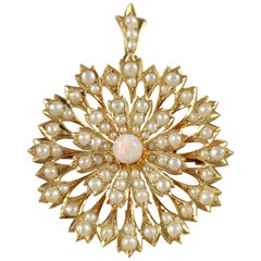 Edwardian 15 Karat Gold Opal and Seed Pearl Pendant Brooch