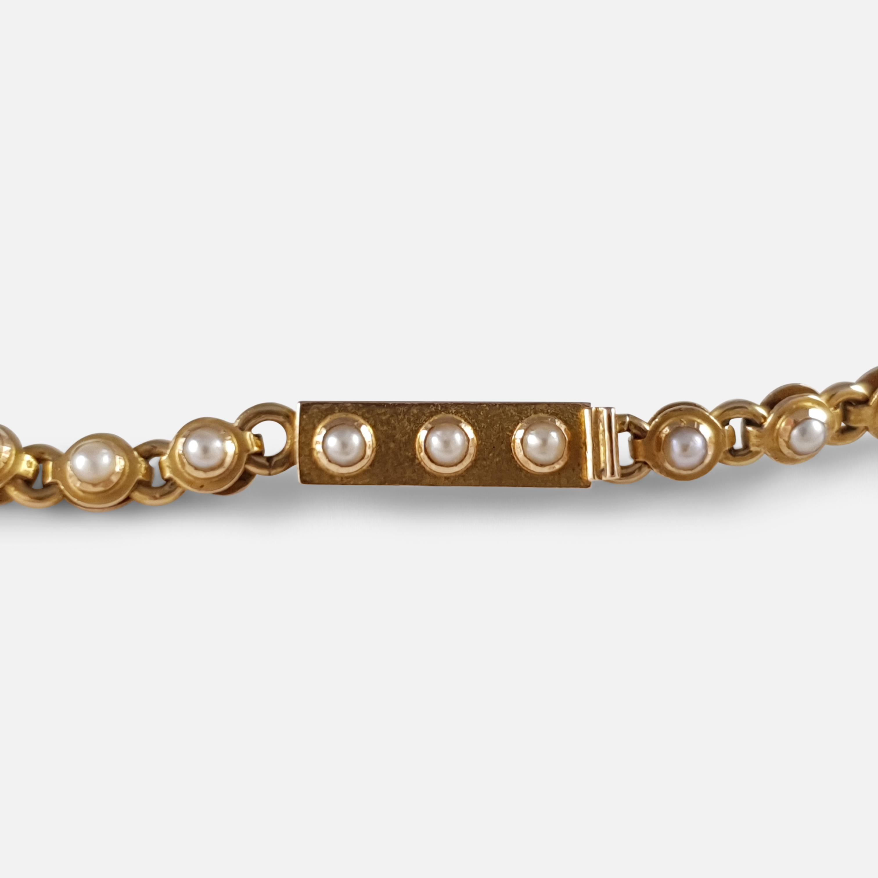 Edwardian 15 Karat Yellow Gold Seed Pearl Fringe and Foliate Necklace circa 1905 6