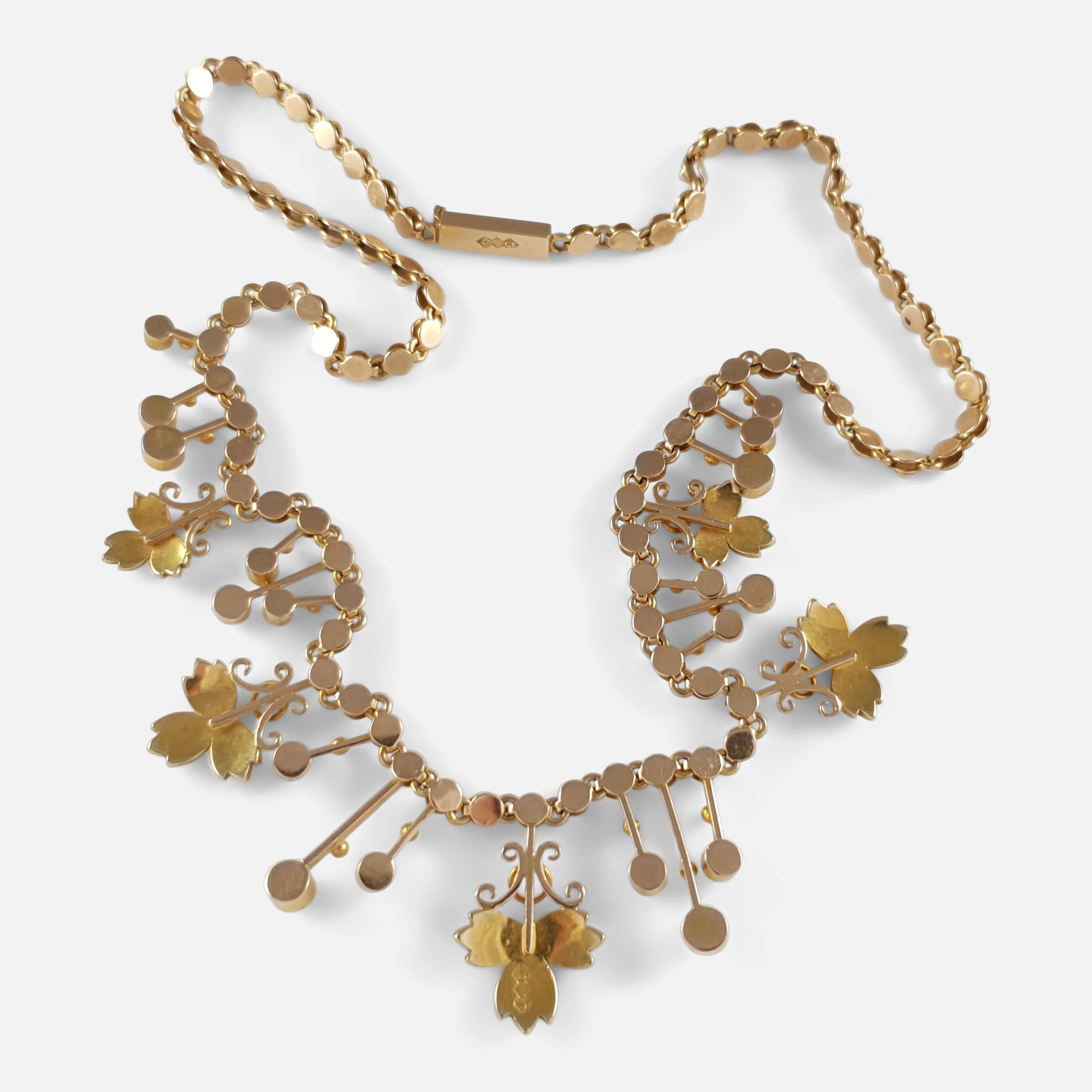 Edwardian 15 Karat Yellow Gold Seed Pearl Fringe and Foliate Necklace circa 1905 9