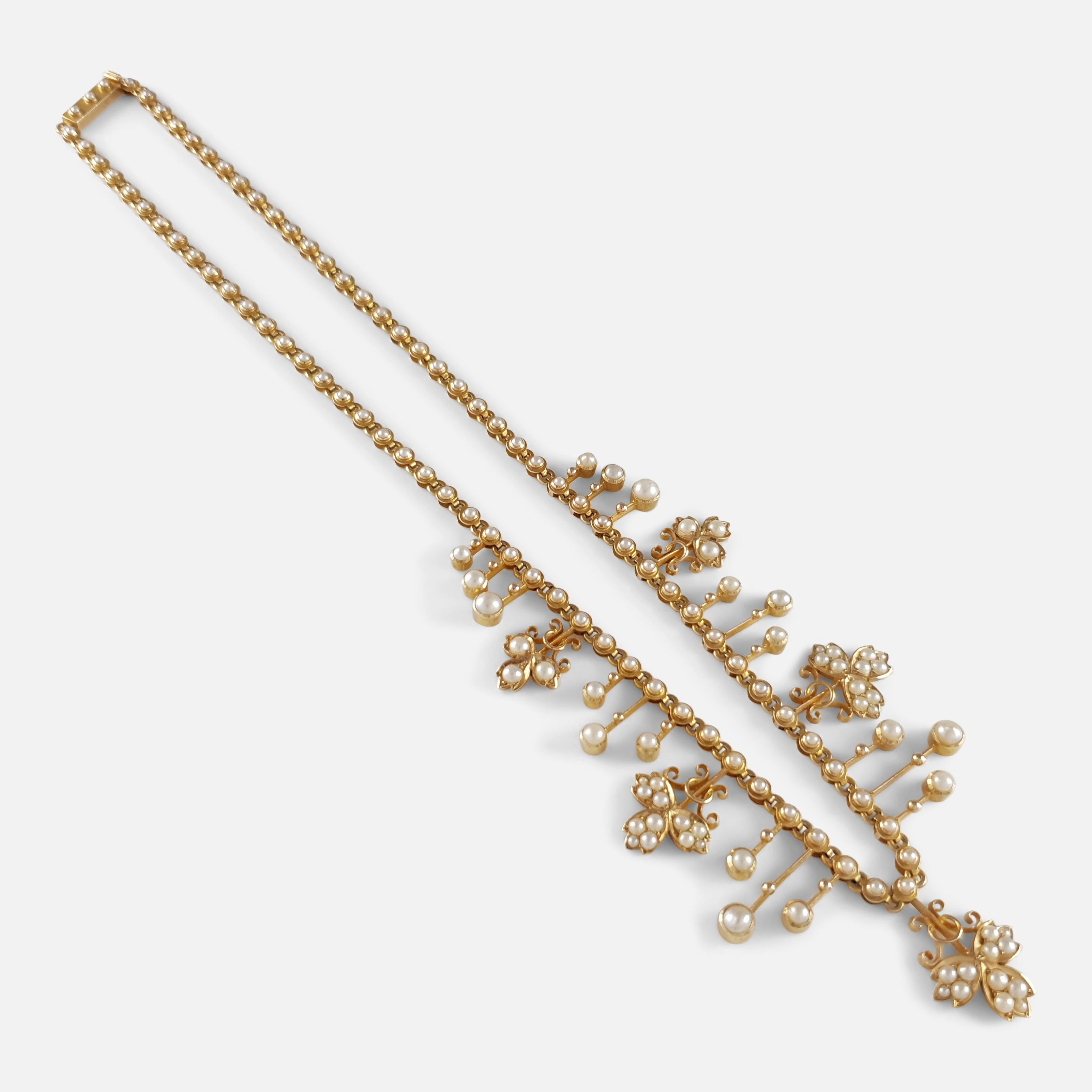 Women's Edwardian 15 Karat Yellow Gold Seed Pearl Fringe and Foliate Necklace circa 1905