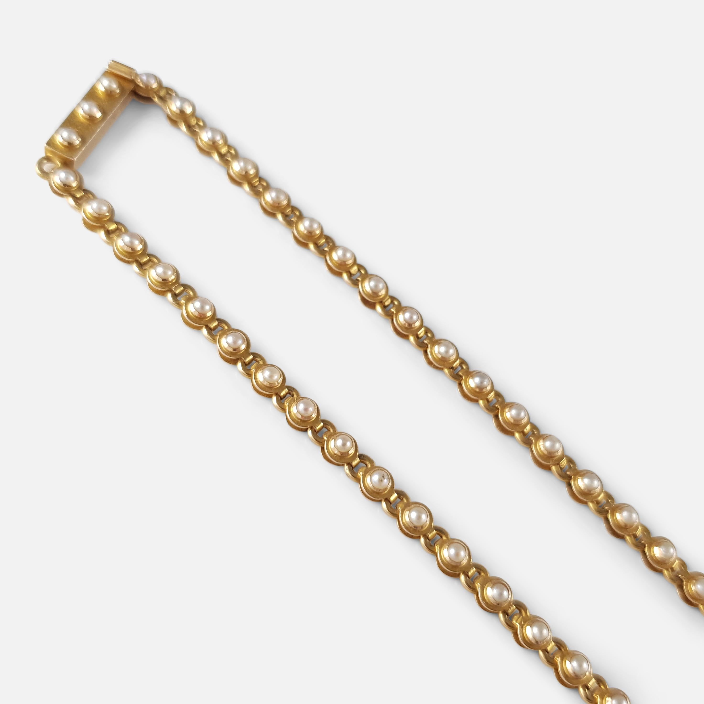Edwardian 15 Karat Yellow Gold Seed Pearl Fringe and Foliate Necklace circa 1905 1
