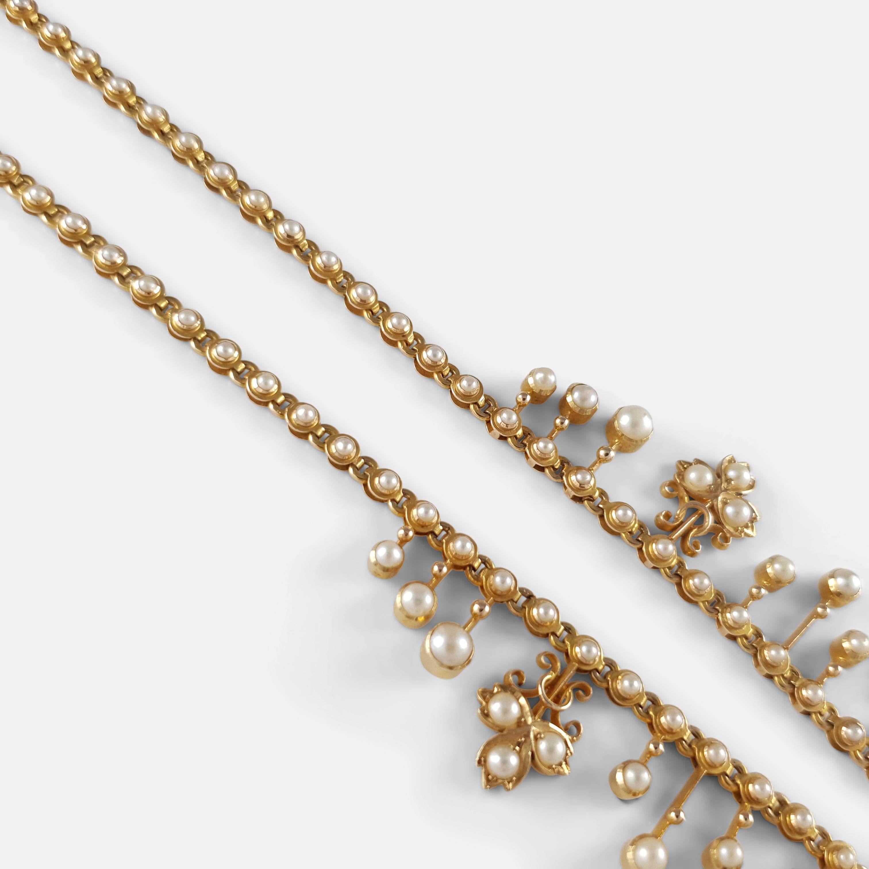Edwardian 15 Karat Yellow Gold Seed Pearl Fringe and Foliate Necklace circa 1905 2