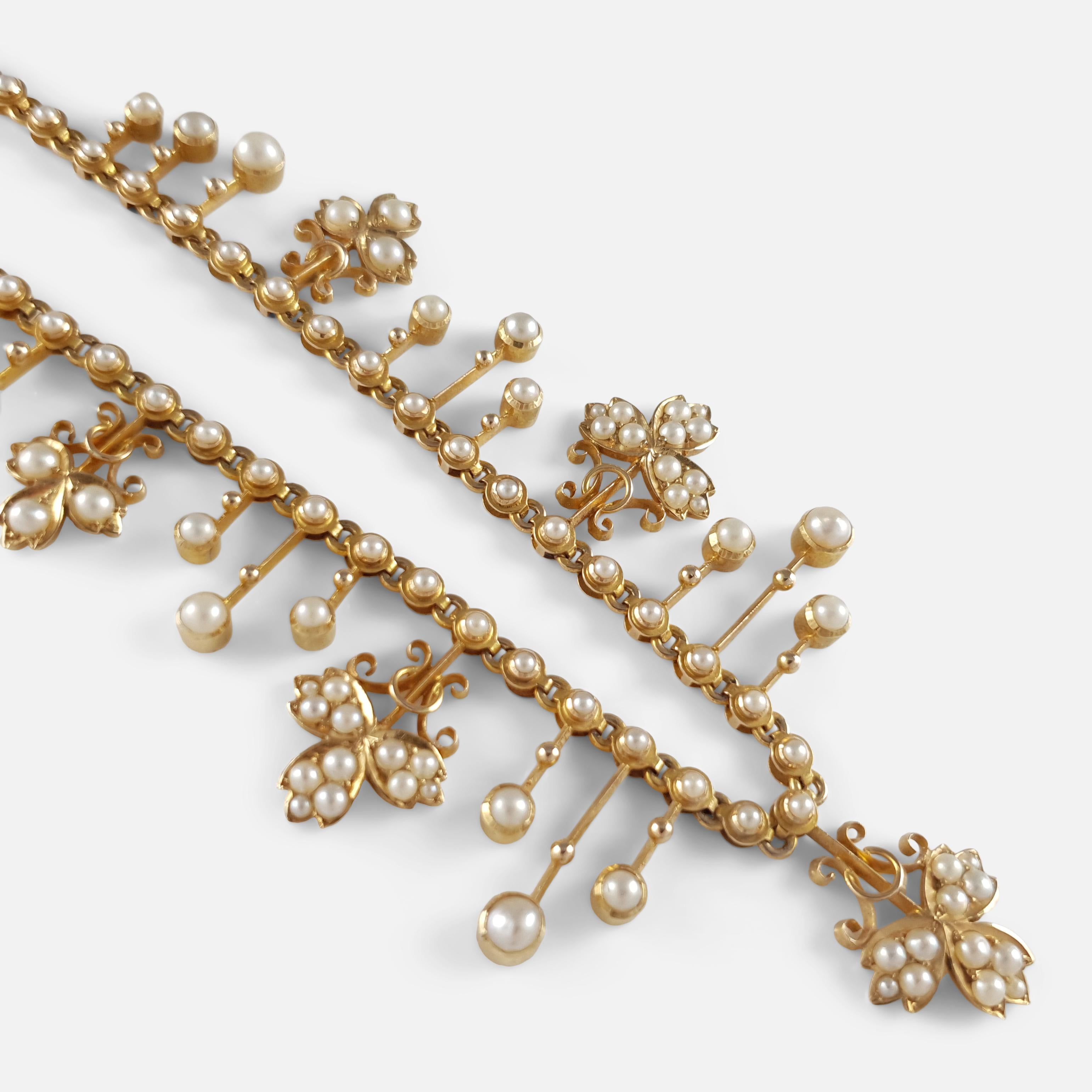 Edwardian 15 Karat Yellow Gold Seed Pearl Fringe and Foliate Necklace circa 1905 3