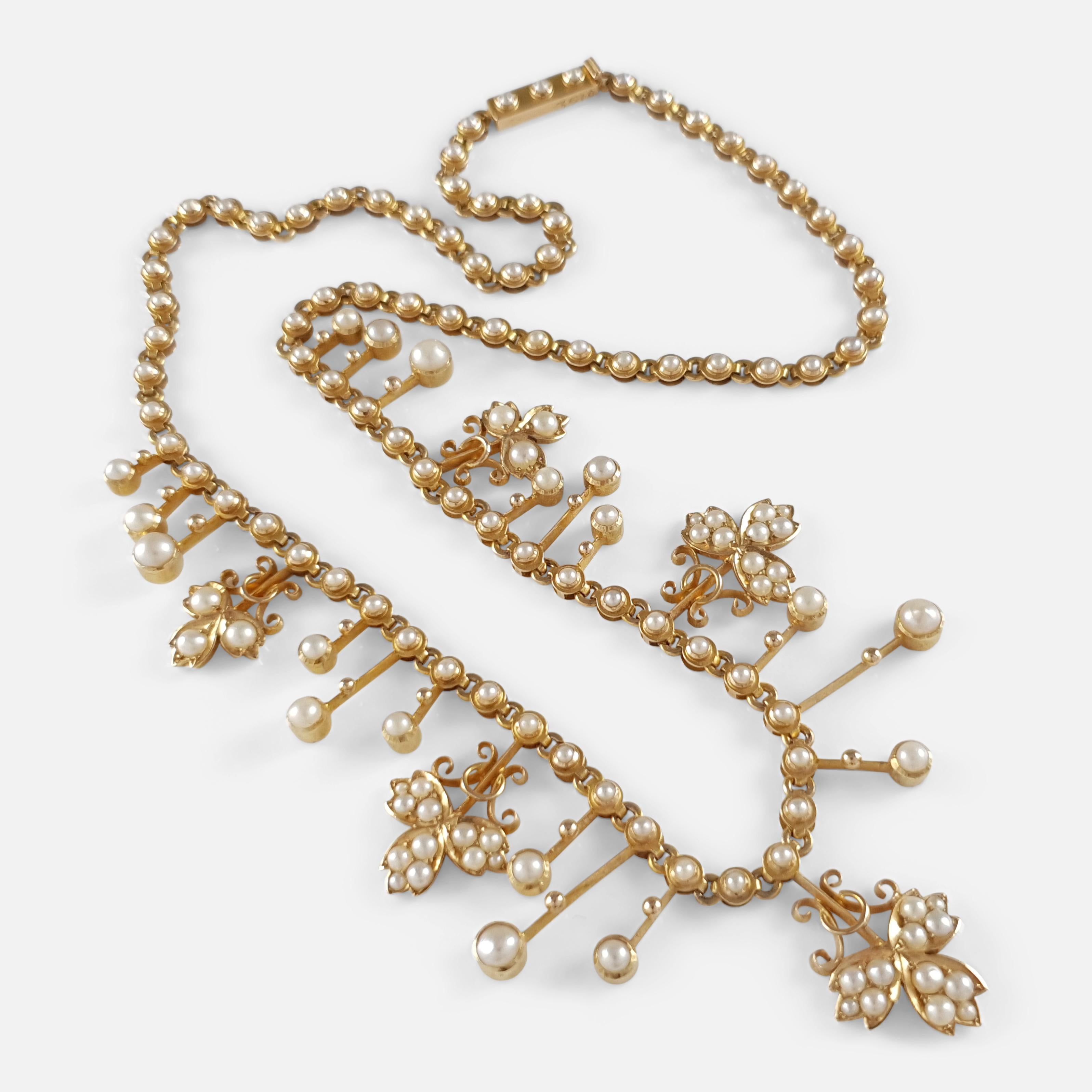 Edwardian 15 Karat Yellow Gold Seed Pearl Fringe and Foliate Necklace circa 1905 4
