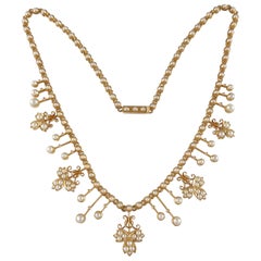 Edwardian 15 Karat Yellow Gold Seed Pearl Fringe and Foliate Necklace circa 1905