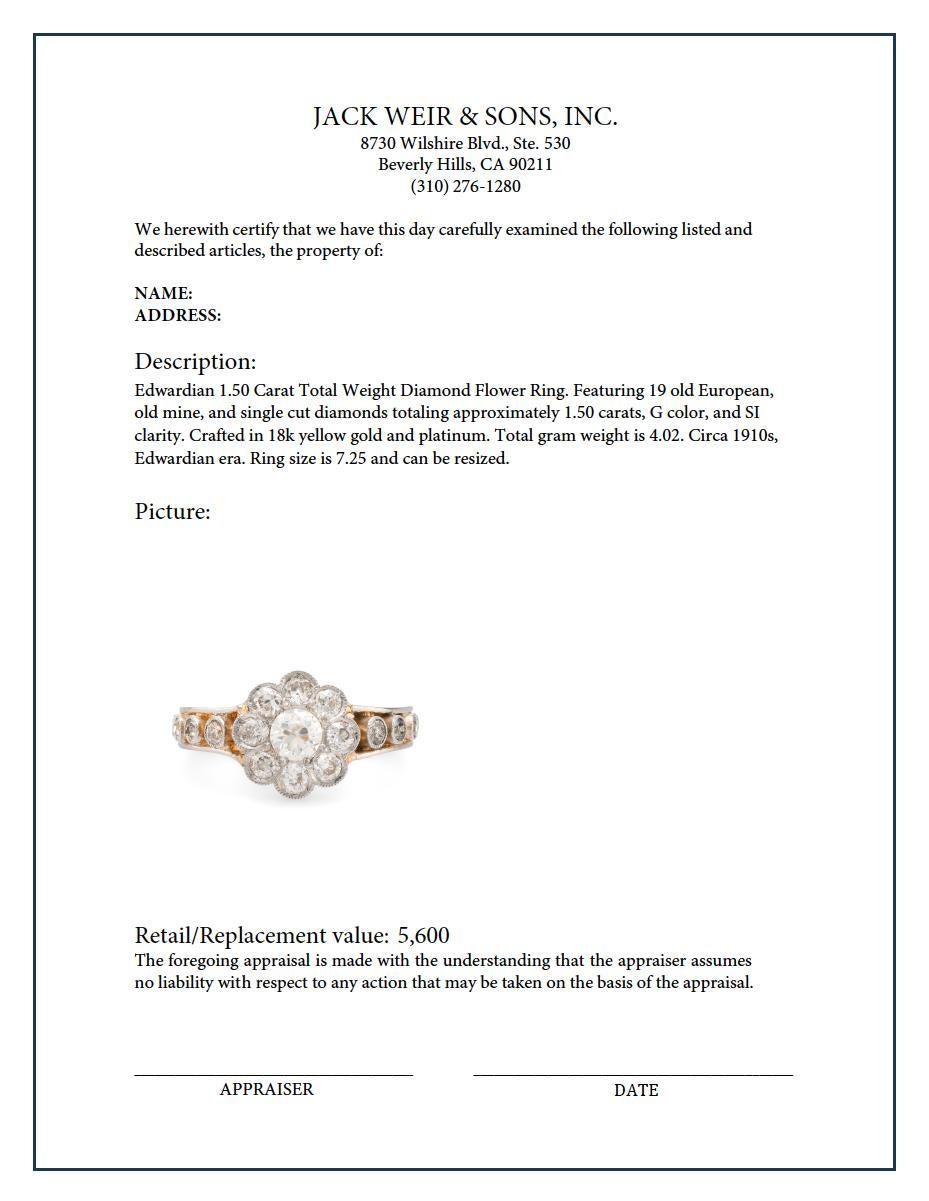Blumenring aus 18 Karat Gelbgold mit 1,50 Karat Diamant im edwardianischen Gesamtgewicht im Zustand „Hervorragend“ in Beverly Hills, CA