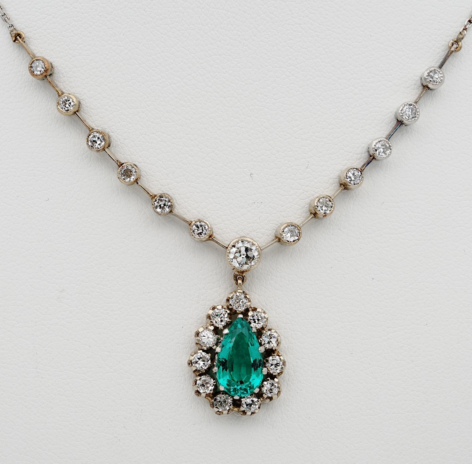 Magnificent in quality!

Extraordinary Emerald quality as rarely seen on this sweet Edwardian necklace making an exceptional focal point for its beauty
Beginning of the last century a Belle Epoque treasure prizing endless charm and delicacy of the