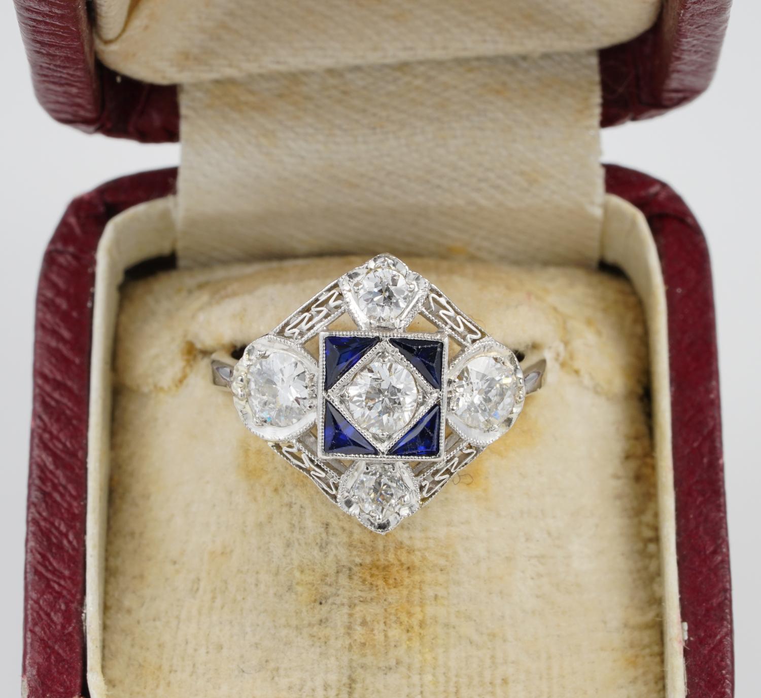 Superb example of Edwardian period Diamond and Sapphire ring
Individually hand crafted as unique piece of solid Platinum
Highest standard of workmanship and design related to the period known as the most elegant ever
The charming geometric crown is