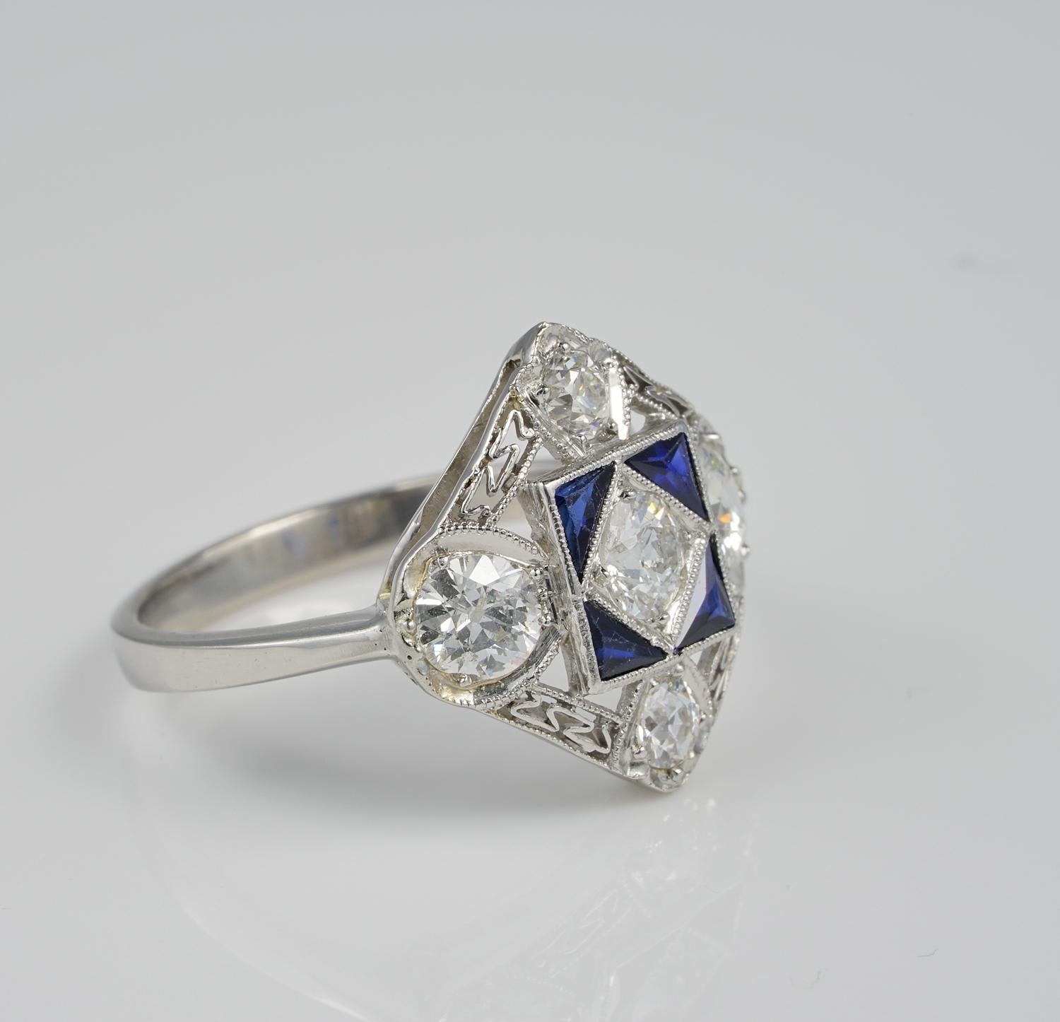Old European Cut Edwardian 1.50 Ct Diamond F VVS VS Sapphire Platinum ring In For Sale