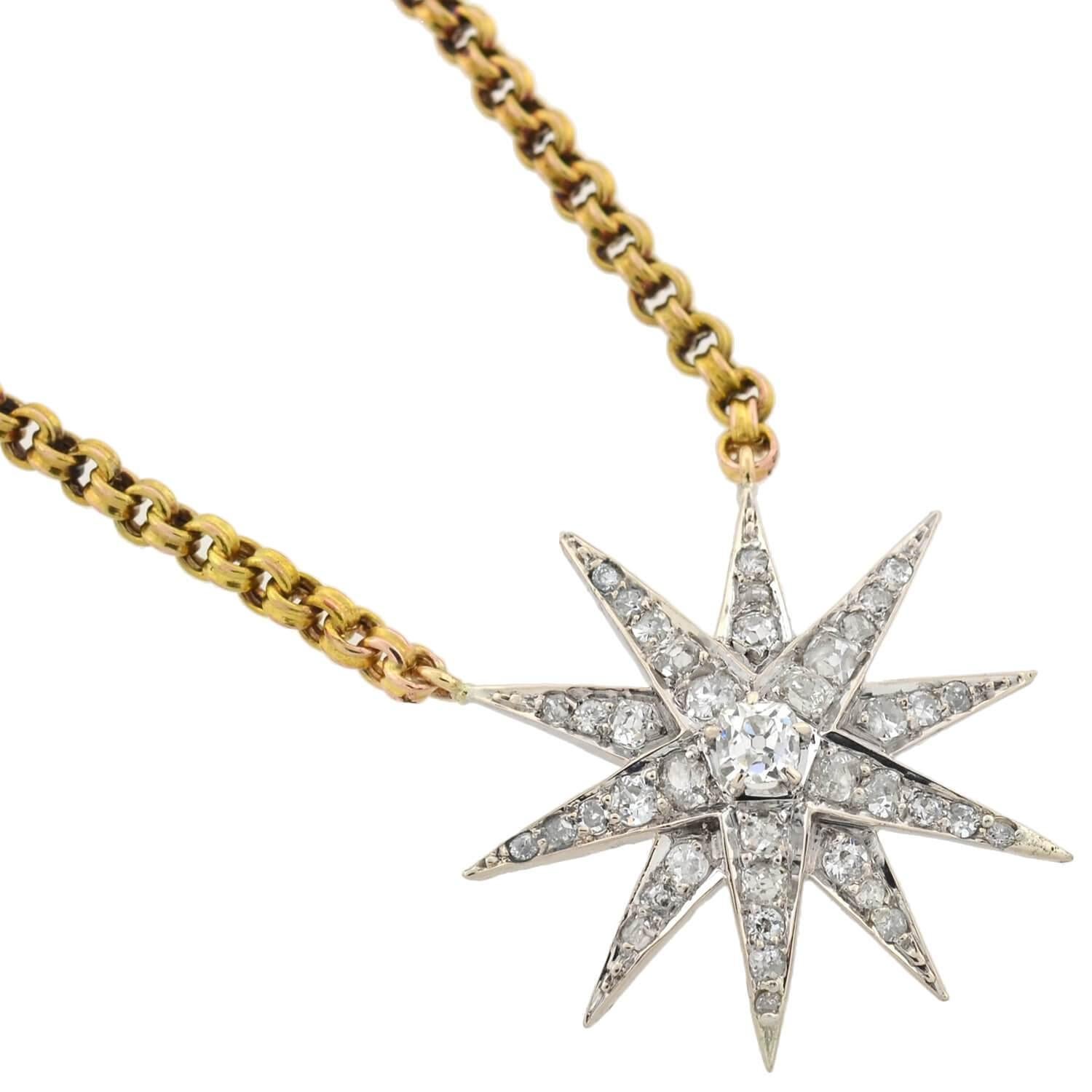 Old Mine Cut Edwardian 1.50 Total Carat Diamond Starburst Pendant Necklace