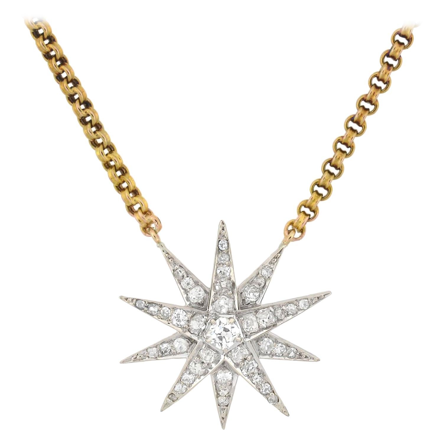 Edwardian 1.50 Total Carat Diamond Starburst Pendant Necklace