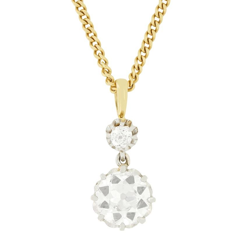 Taglio antico europeo Ciondolo a goccia con diamante da 1,50 carati, Edwardiano, 1910 ca. in vendita