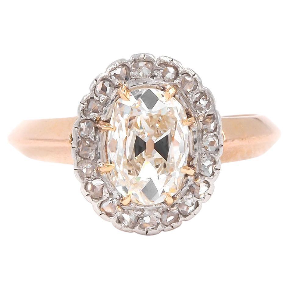 Edwardian 1.52 Carat GIA Certified Old Mine Cut Diamond Cluster Engagement Ring For Sale