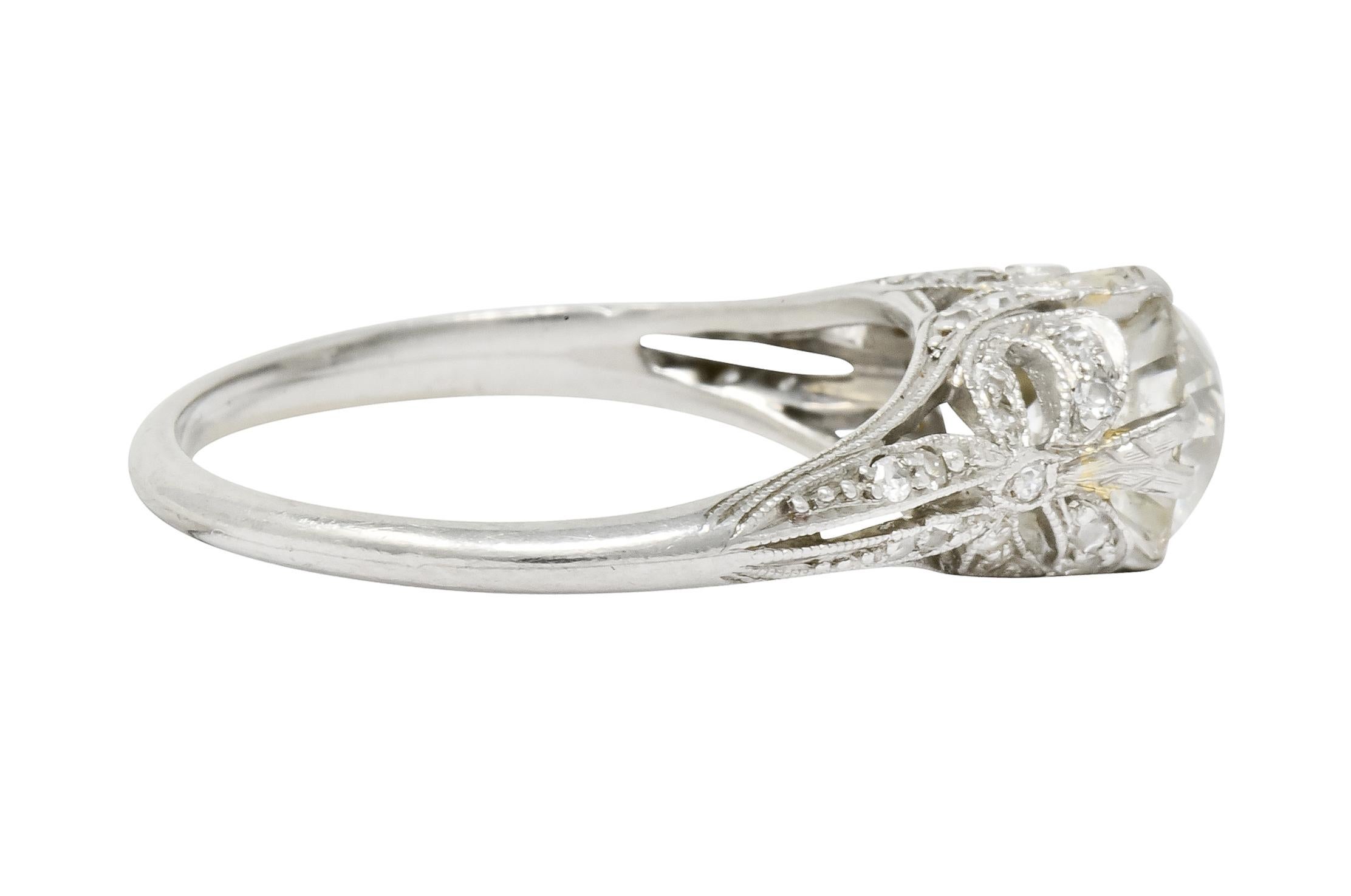 Edwardian 1.52 Carat Old European Cut Diamond Platinum Bow Engagement Ring In Excellent Condition In Philadelphia, PA