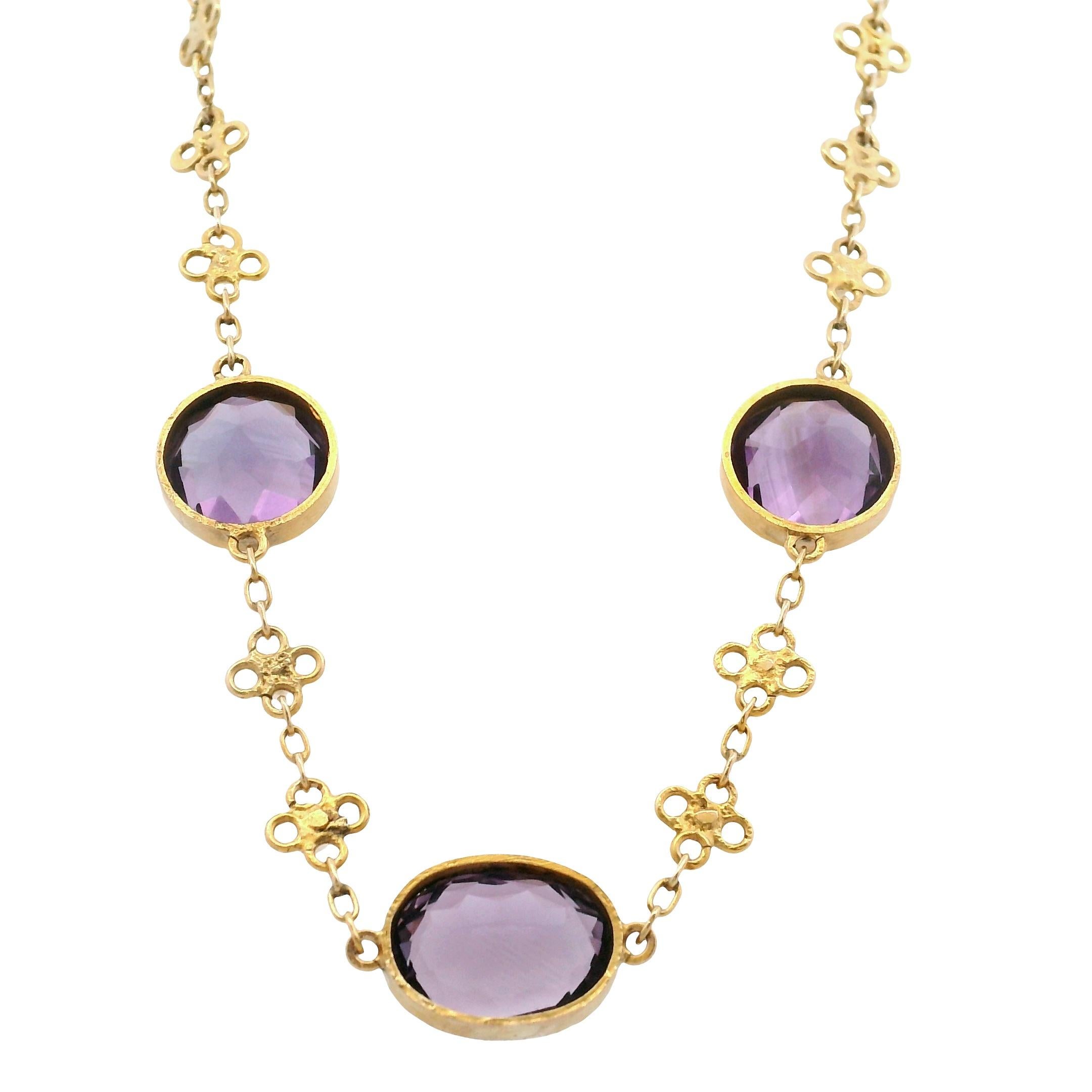 Collana Station Edwardiana in oro giallo 14k con ametista e perla da 15,35 TCW del 1900 in vendita 4