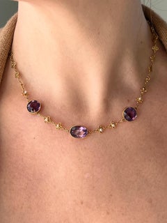 Edwardian 15.35 TCW Amethyst & Pearl 14k Yellow Gold Station Necklace 1900s