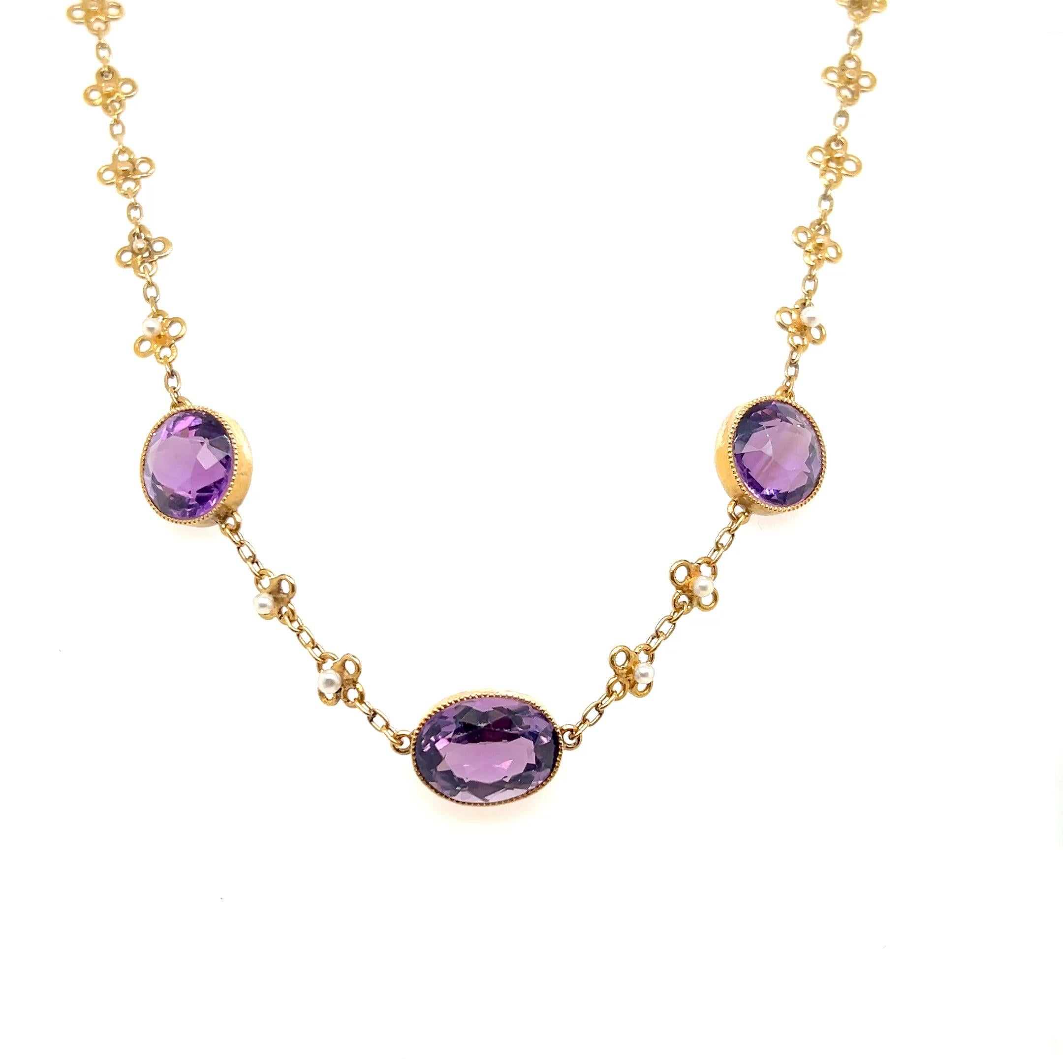 da uomo o donna Collana Station Edwardiana in oro giallo 14k con ametista e perla da 15,35 TCW del 1900 in vendita