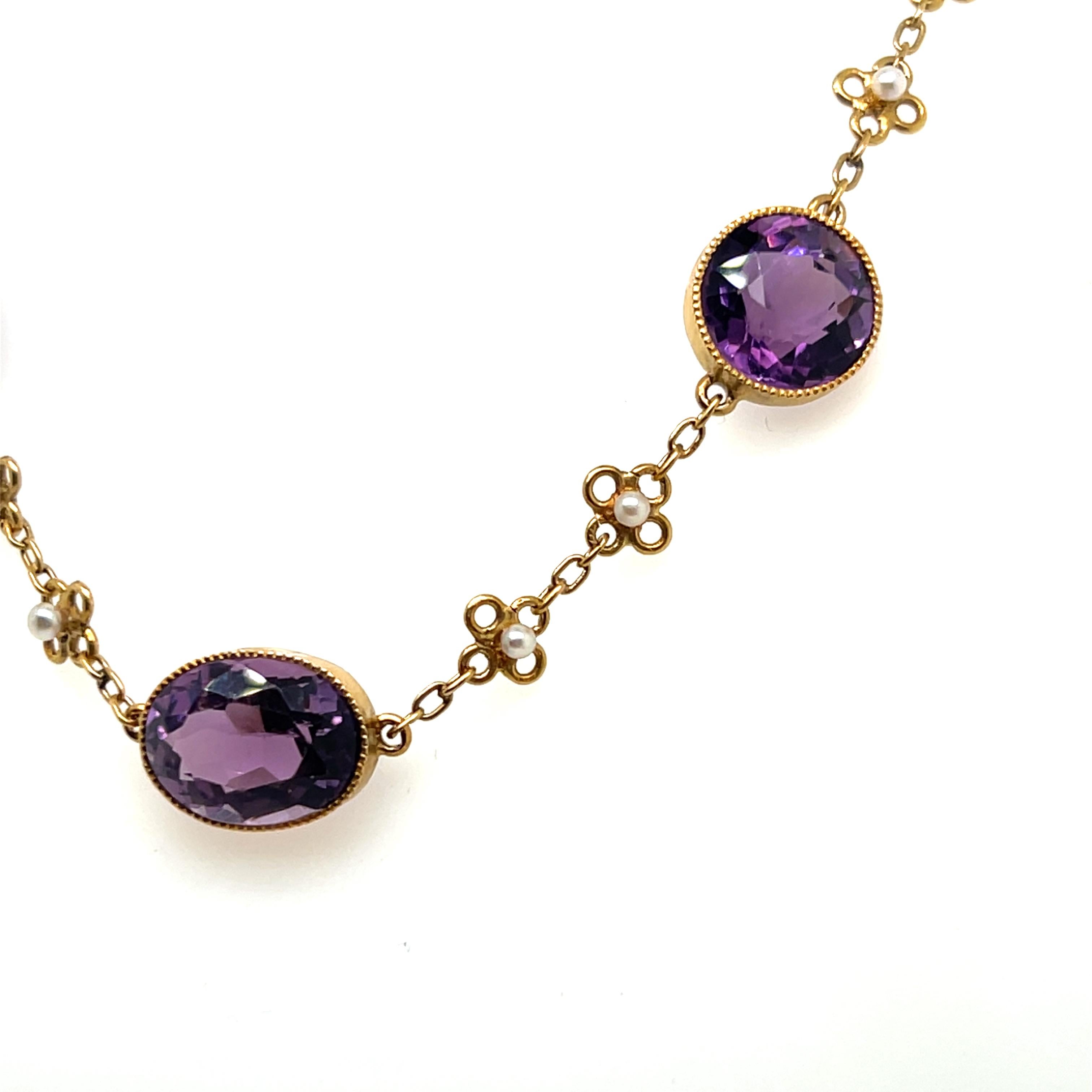 Collana Station Edwardiana in oro giallo 14k con ametista e perla da 15,35 TCW del 1900 in vendita 1