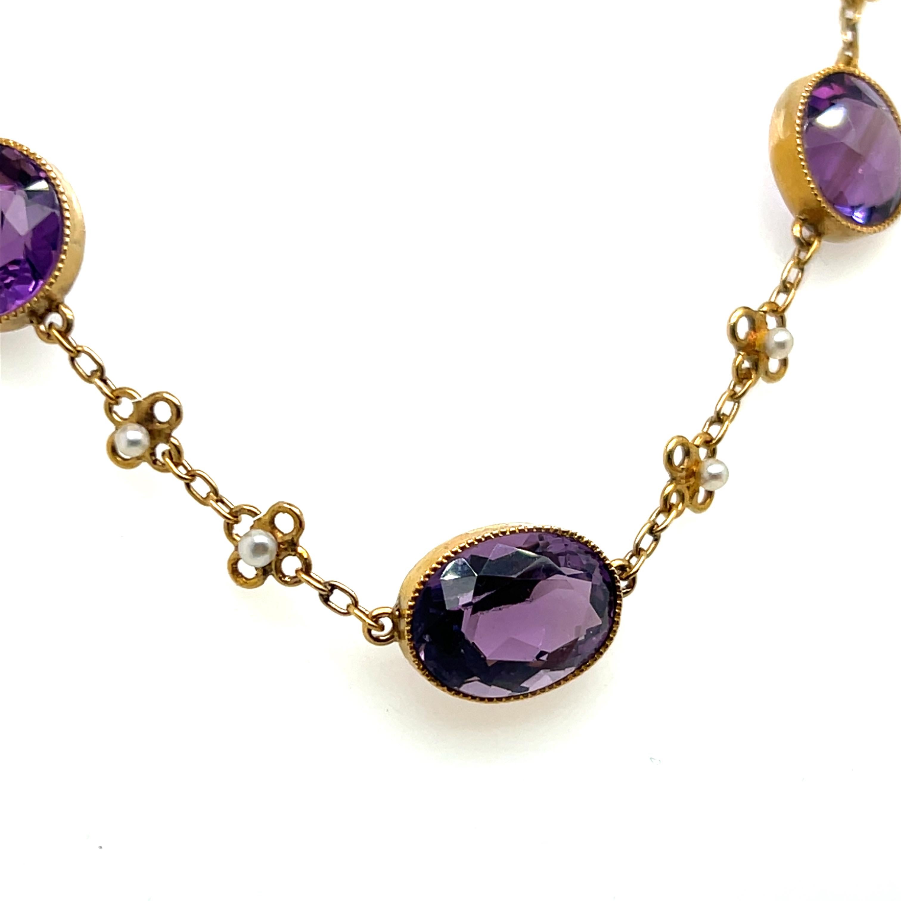 Collana Station Edwardiana in oro giallo 14k con ametista e perla da 15,35 TCW del 1900 in vendita 2