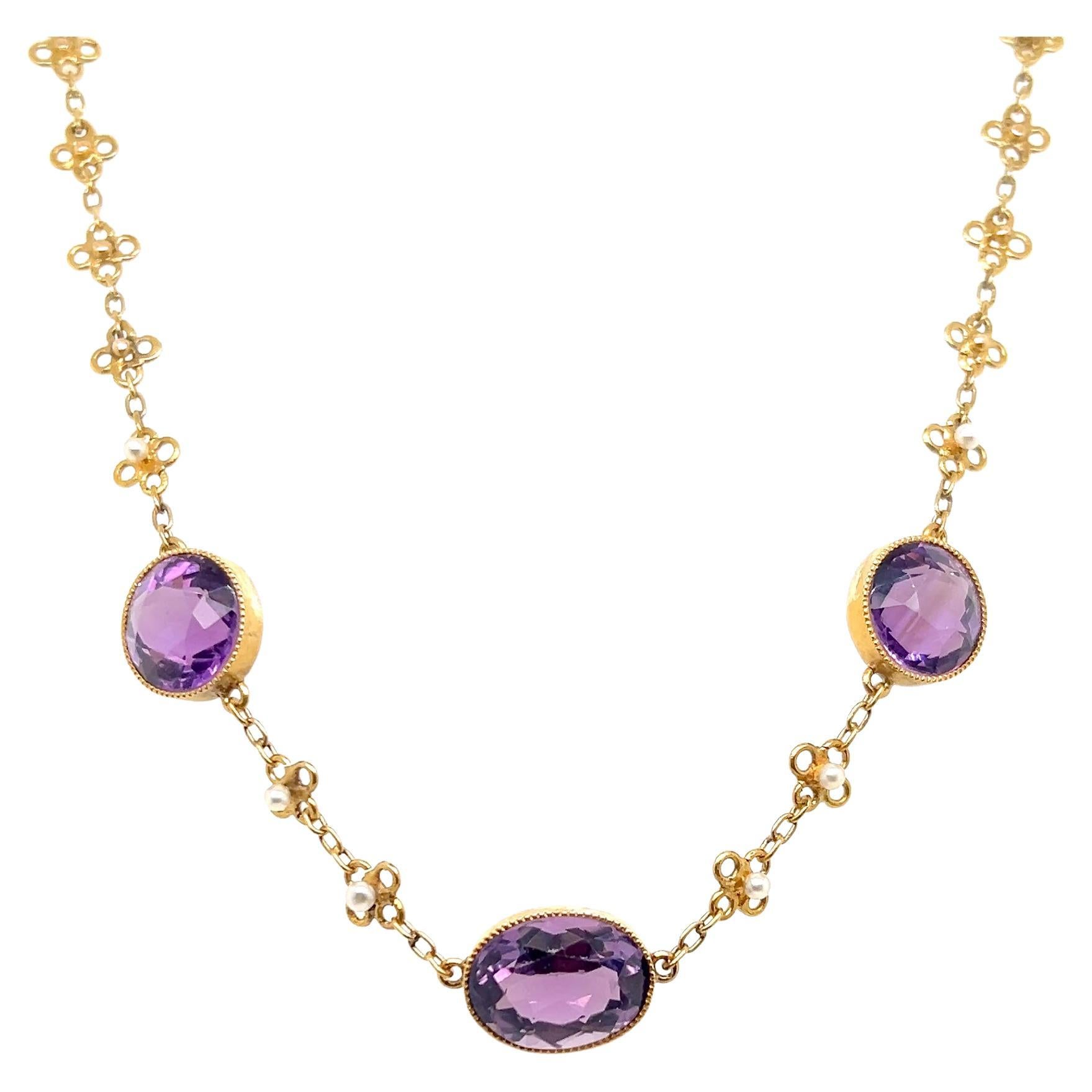 Edwardian 15.35 TCW Amethyst
Pearl 14k Yellow Gold Station Necklace 1900s