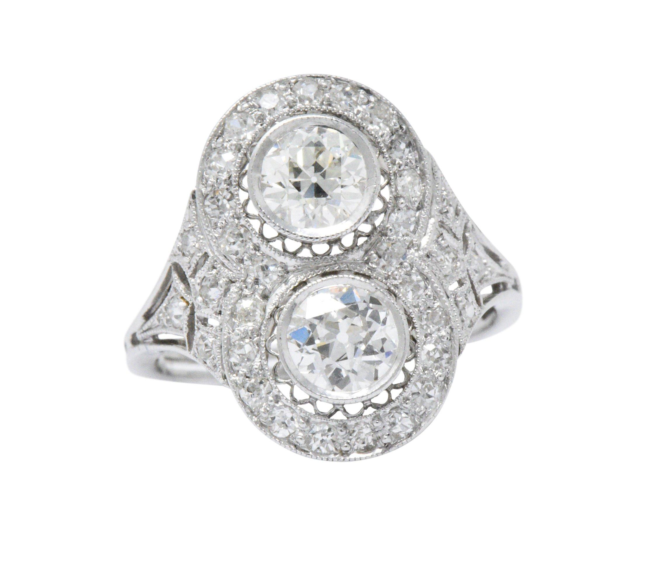 Old European Cut Edwardian 1.54 CTW Toi Et Moi Diamond Platinum Engagement Alternative Ring