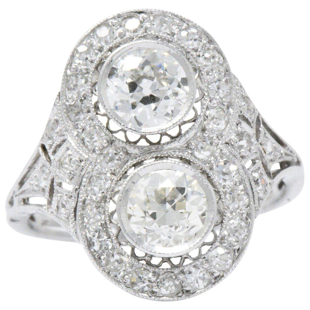 Edwardian 1.54 CTW Toi Et Moi Diamond Platinum Engagement Alternative Ring