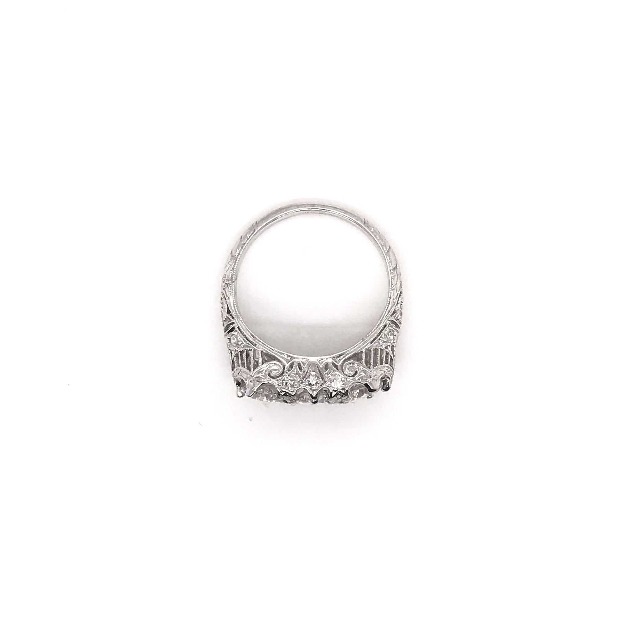 Edwardian 1.55 Carat Three-Stone Diamond Platinum Filigree Engagement Ring 2