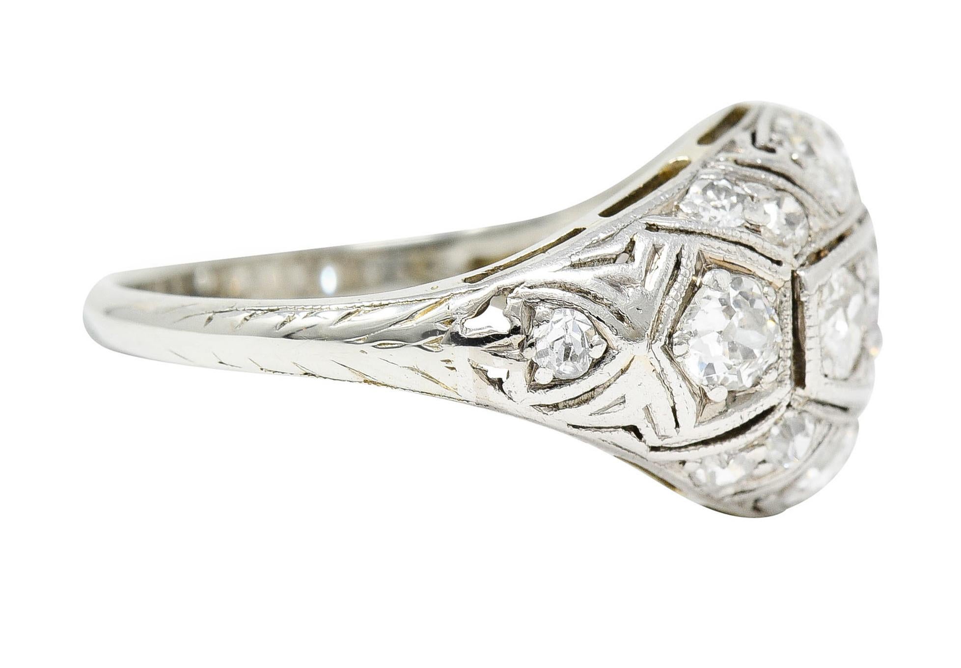 Old European Cut Edwardian 1.55 Carats Diamond 18 Karat White Gold Bombe Band Ring For Sale