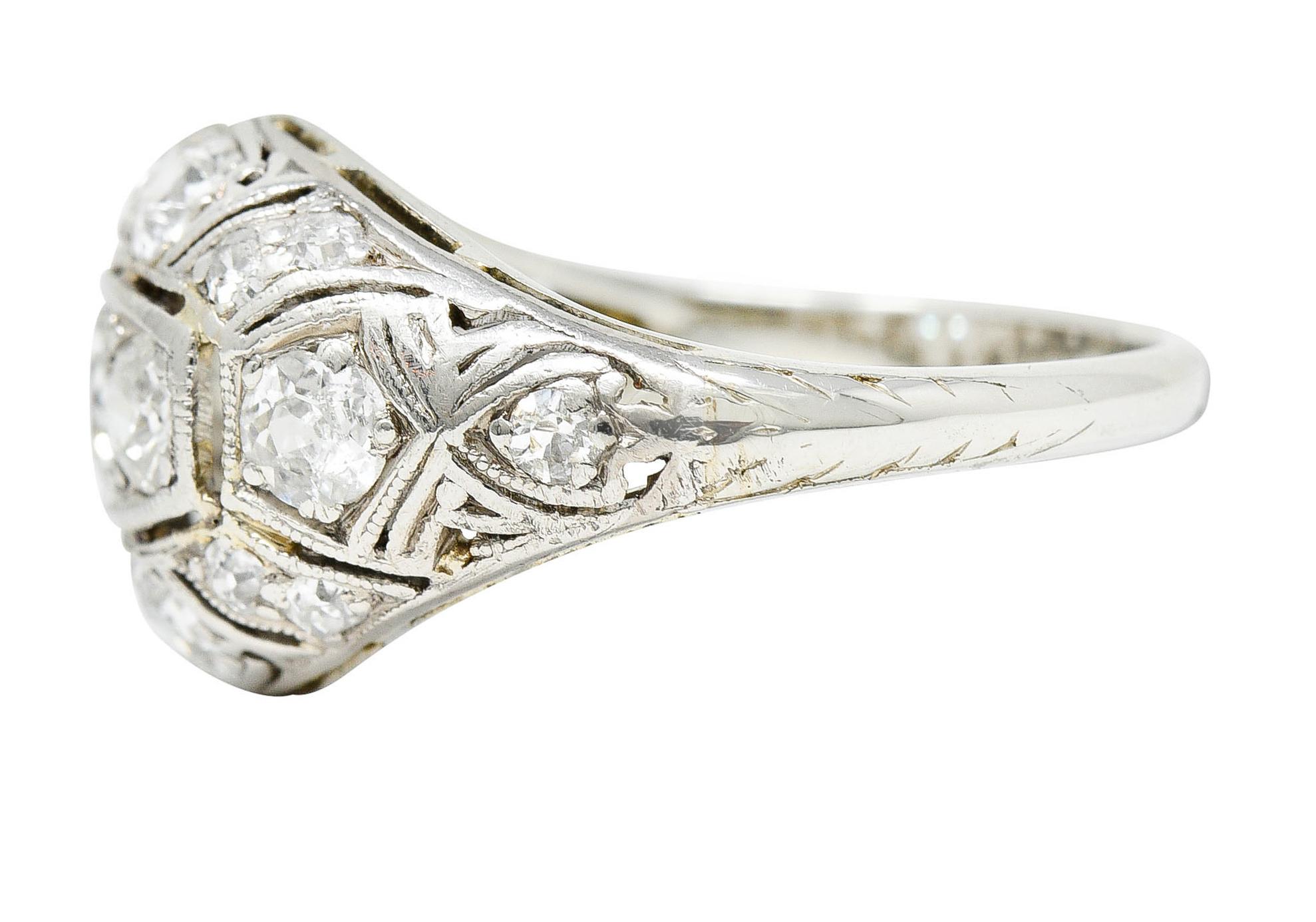 Women's or Men's Edwardian 1.55 Carats Diamond 18 Karat White Gold Bombe Band Ring For Sale