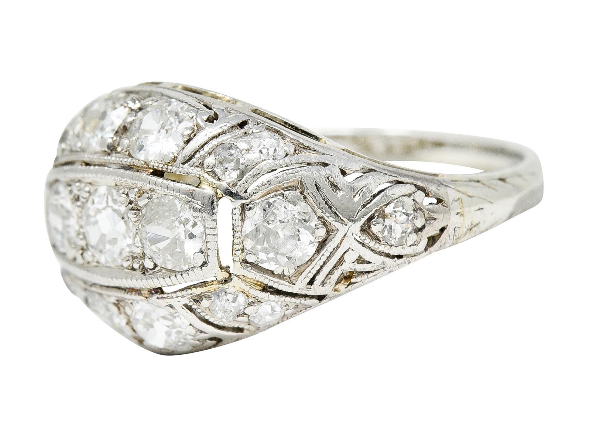 Edwardian 1.55 Carats Diamond 18 Karat White Gold Bombe Band Ring For Sale 1