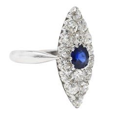Edwardian 1.56 Carat Sapphire Mine Cut Diamond 14 Karat White Gold Dinner Ring