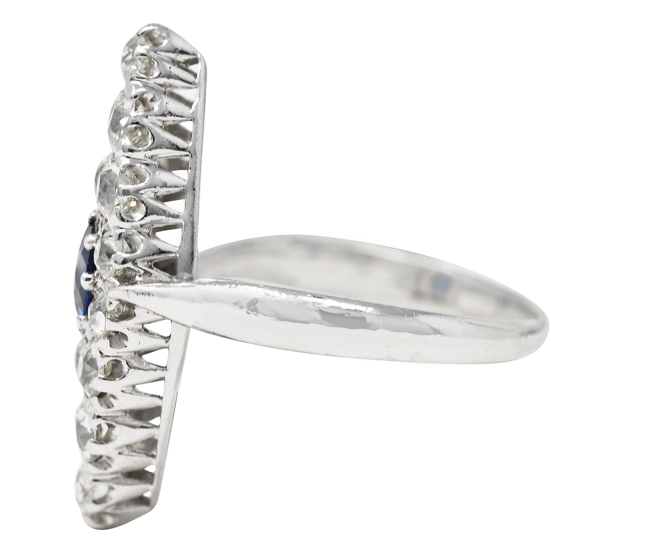 Women's or Men's Edwardian 1.56 Carat Sapphire Mine Cut Diamond 14 Karat White Gold Dinner Ring For Sale