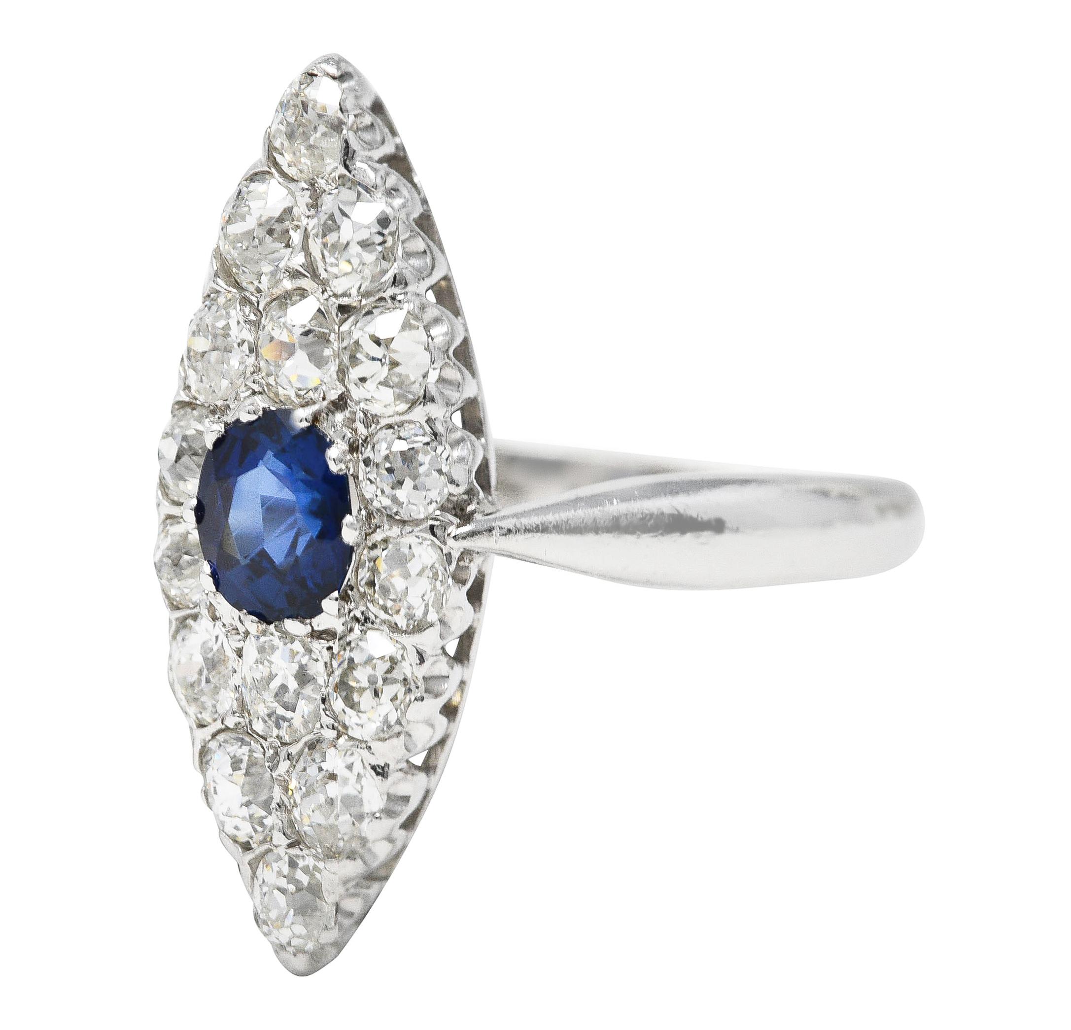Edwardian 1.56 Carat Sapphire Mine Cut Diamond 14 Karat White Gold Dinner Ring For Sale 1