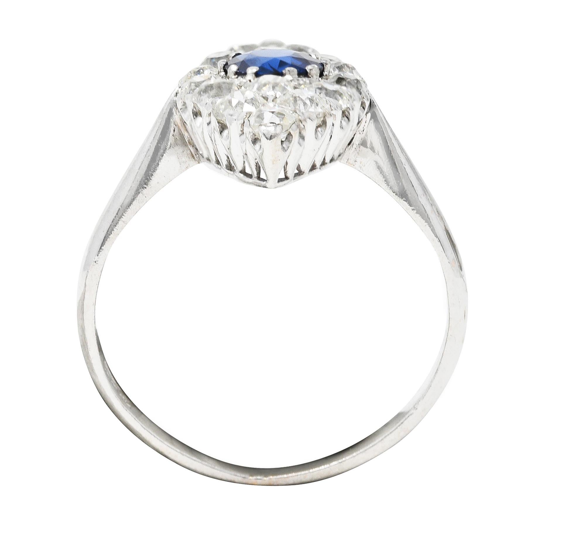 Edwardian 1.56 Carat Sapphire Mine Cut Diamond 14 Karat White Gold Dinner Ring For Sale 3