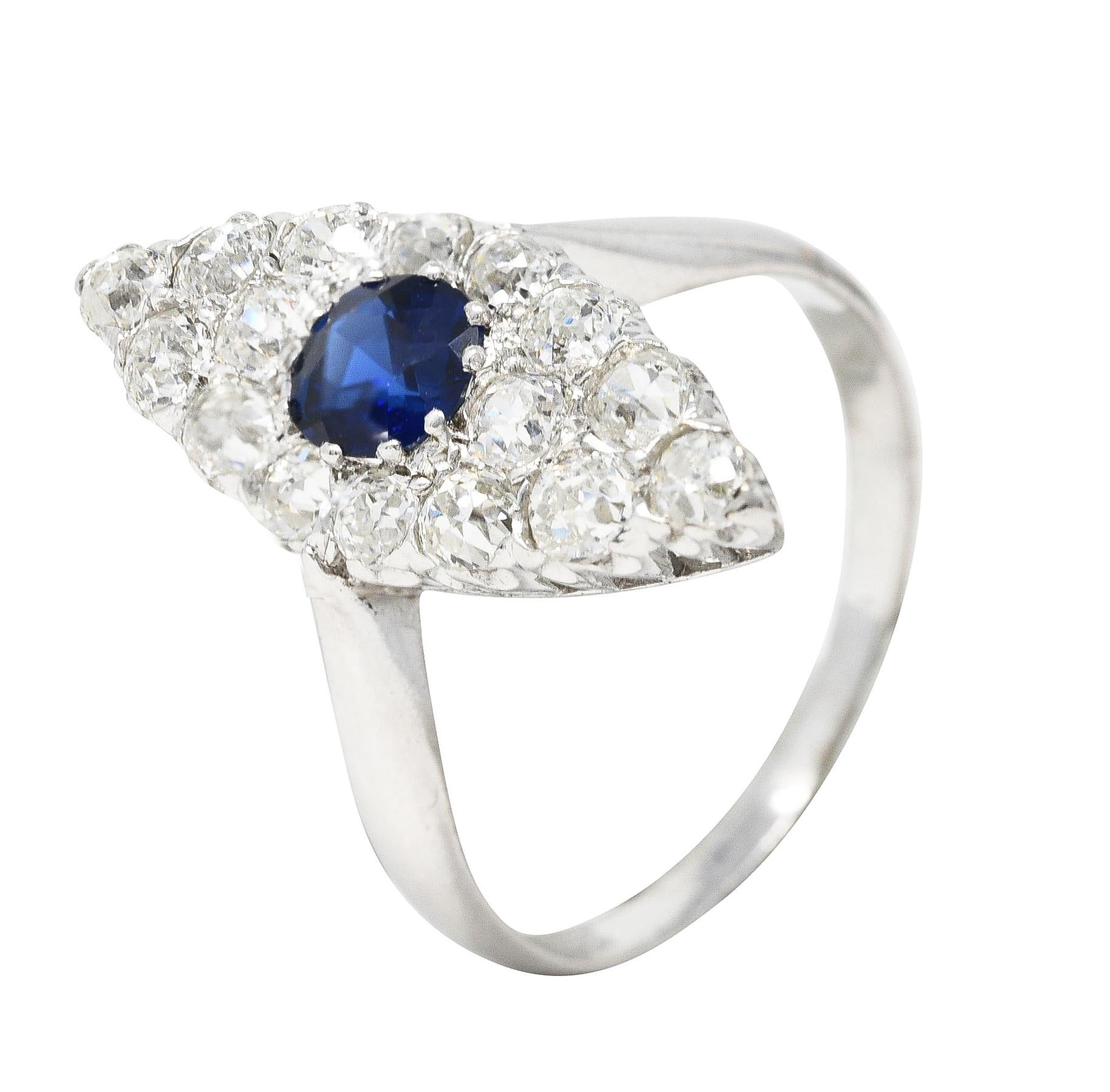 Edwardian 1.56 Carat Sapphire Mine Cut Diamond 14 Karat White Gold Dinner Ring For Sale 4