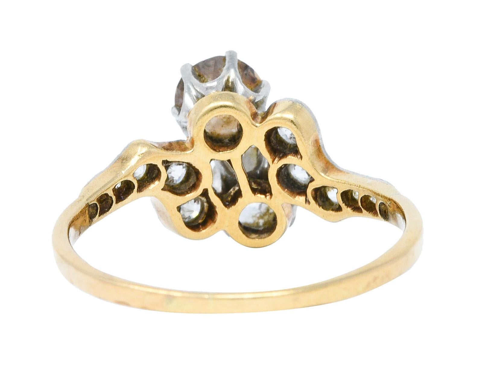 Edwardian 1.57 Carats Fancy Diamond Platinum 14 Karat Gold Toi et Moi Ring In Excellent Condition In Philadelphia, PA