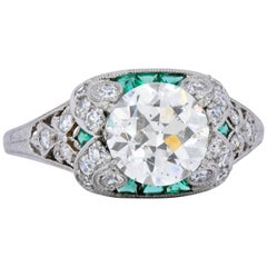 Edwardian 1.59 Carat Old European Diamond Emerald Platinum Engagement Ring GIA