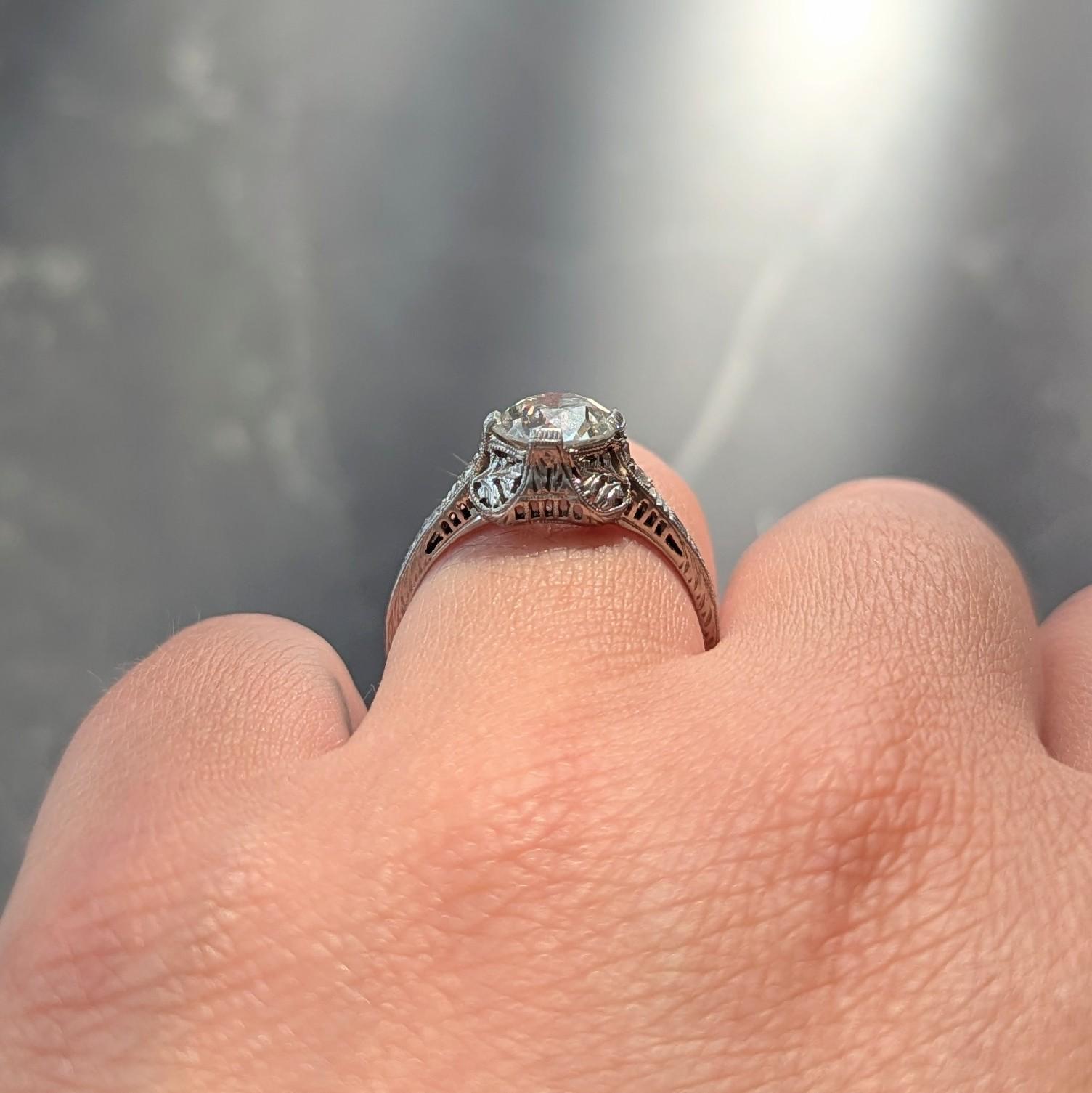 Edwardian 1.59 CTW Diamant Platin Antiker Verlobungsring mit Blättern im Angebot 5