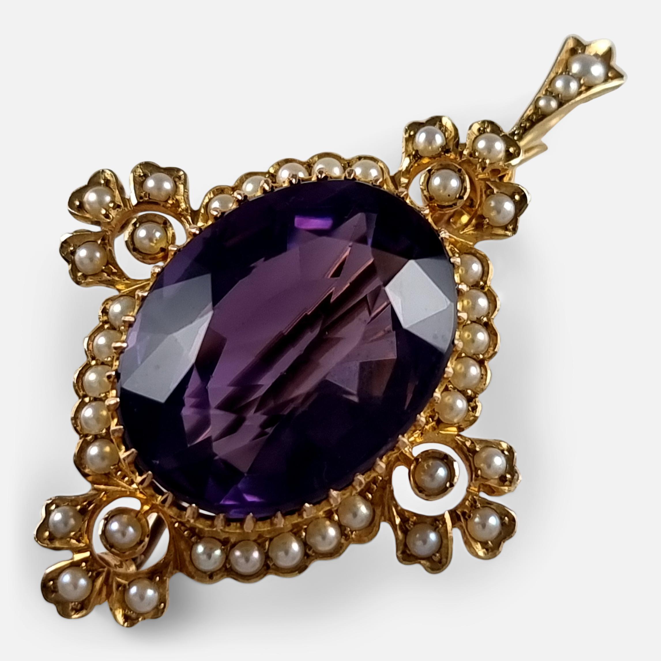 Edwardian 15ct Gold Amethyst and Seed Pearl Pendant Brooch 7
