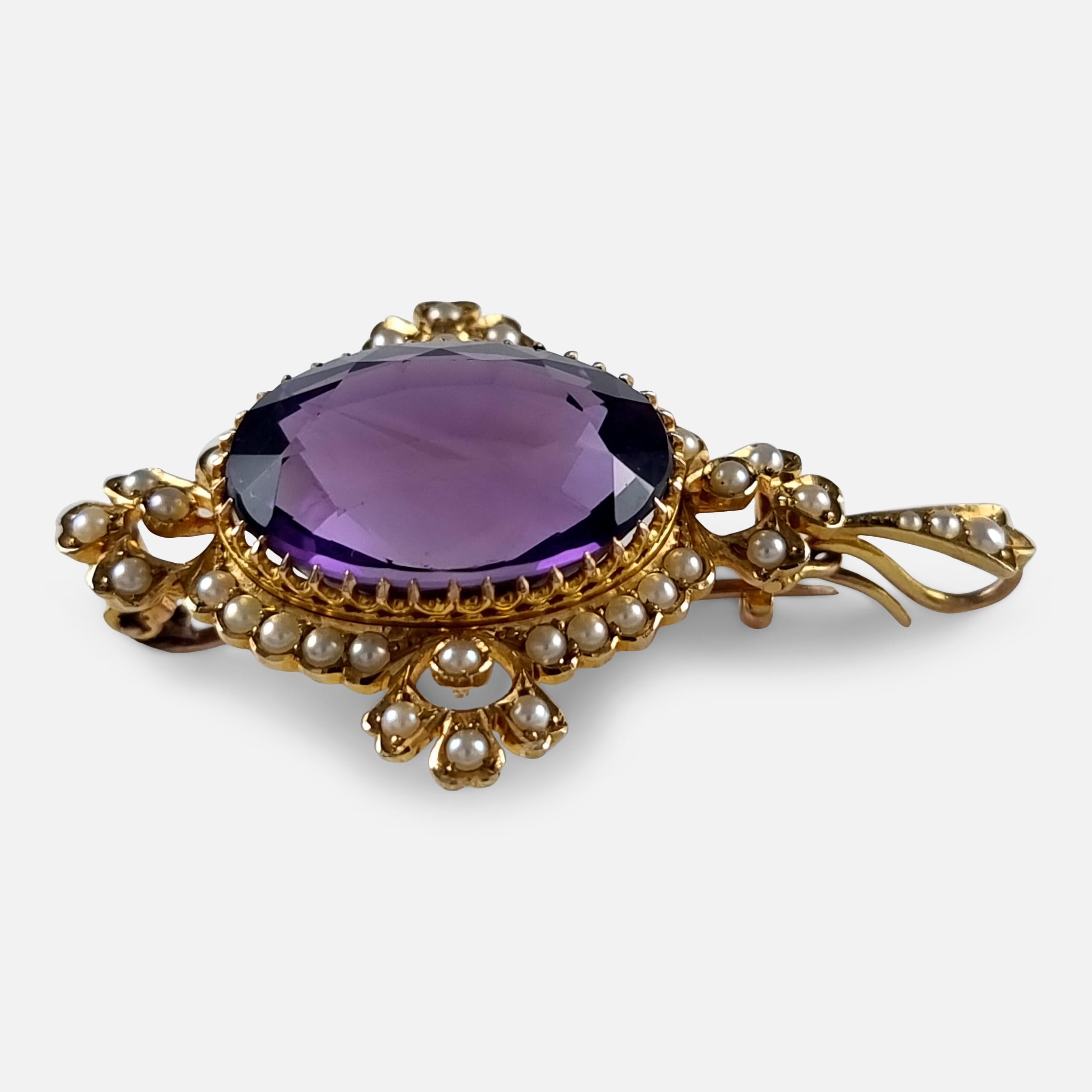 Edwardian 15ct Gold Amethyst and Seed Pearl Pendant Brooch 8
