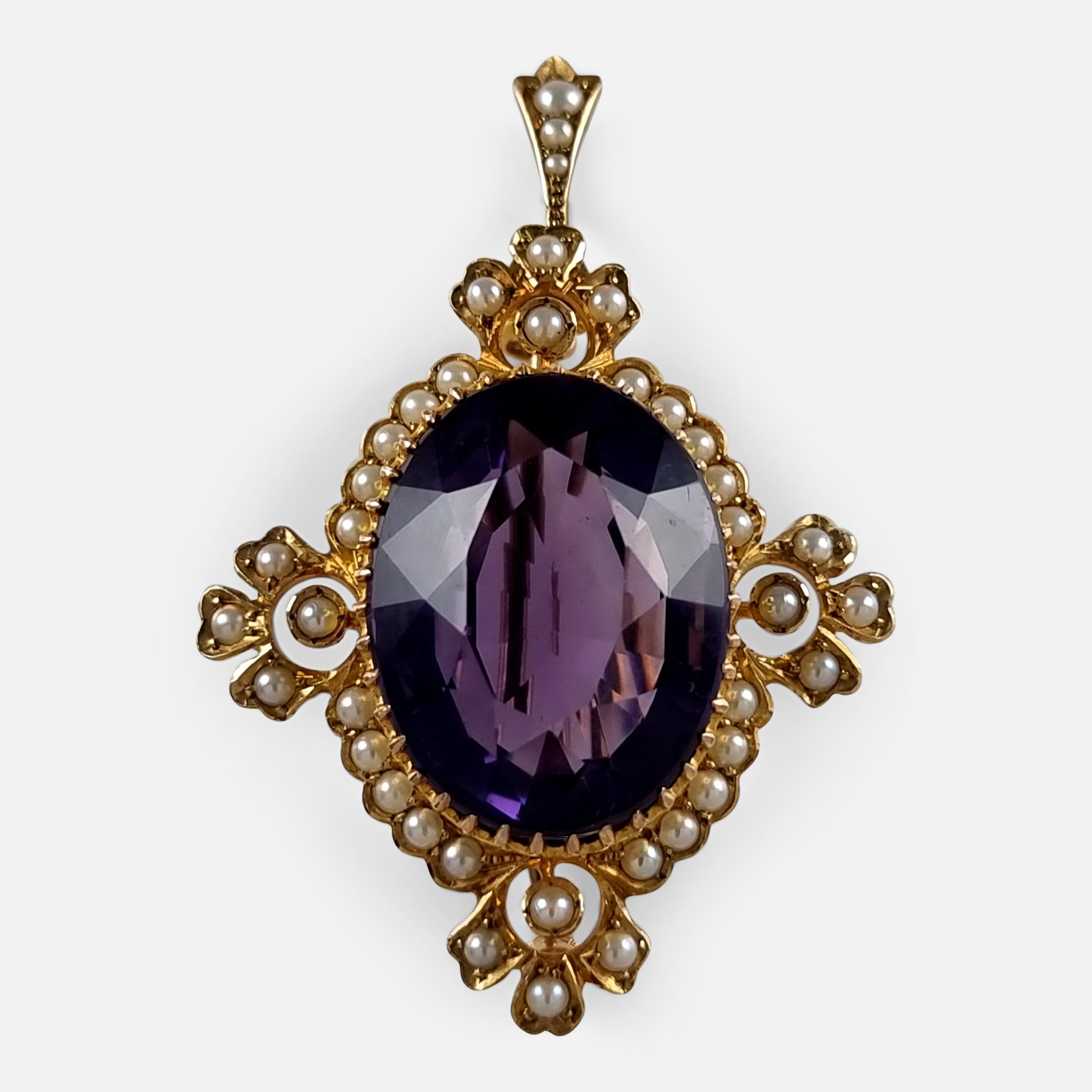 Edwardian 15ct Gold Amethyst and Seed Pearl Pendant Brooch 9