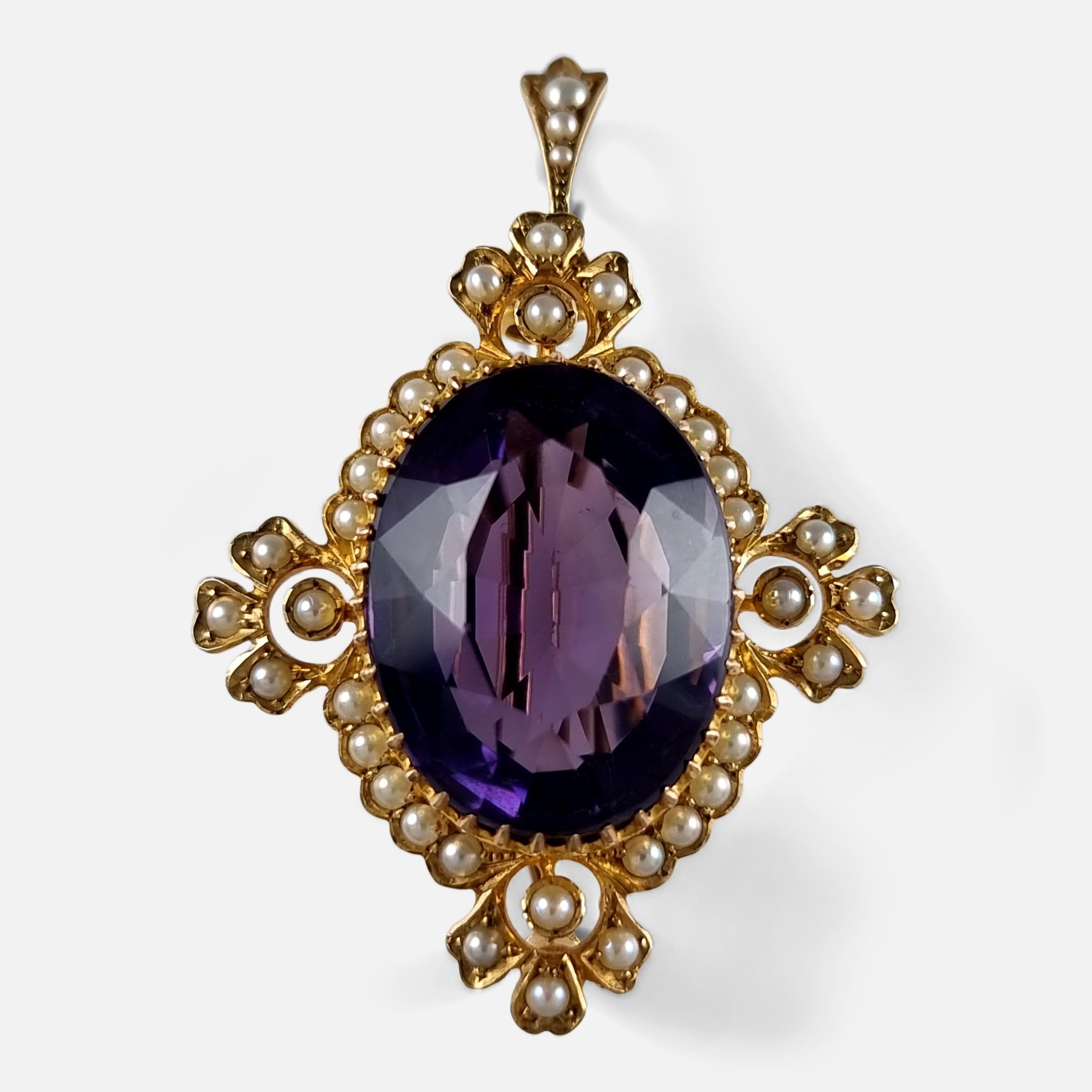 An Edwardian 15ct yellow gold amethyst and seed pearl pendant brooch. It has a detachable brooch pin, which unscrews. 

The pendant is stamped '15' to denote 15ct gold fineness. The piece is stored in its original case.

Date: - Circa