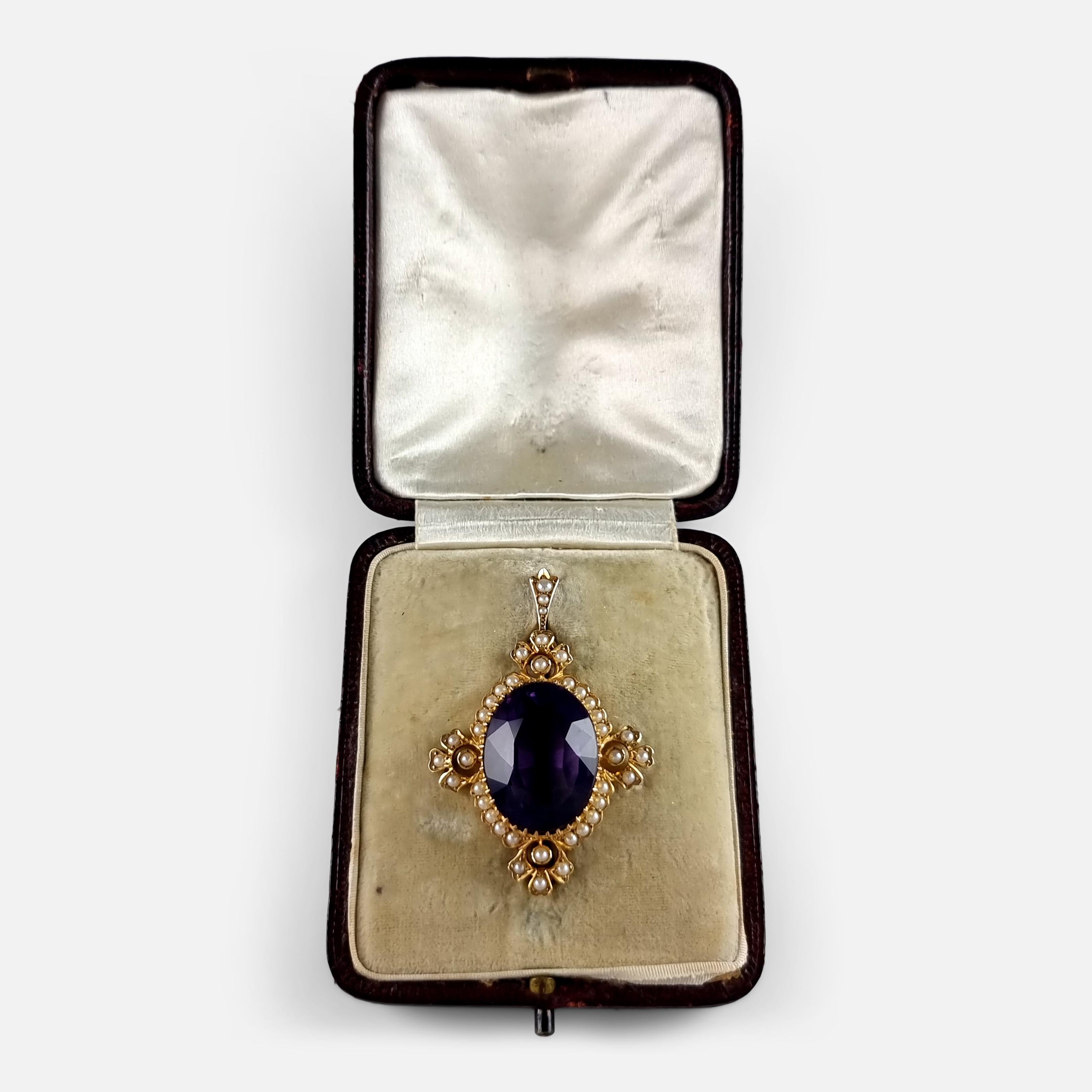 Oval Cut Edwardian 15ct Gold Amethyst and Seed Pearl Pendant Brooch