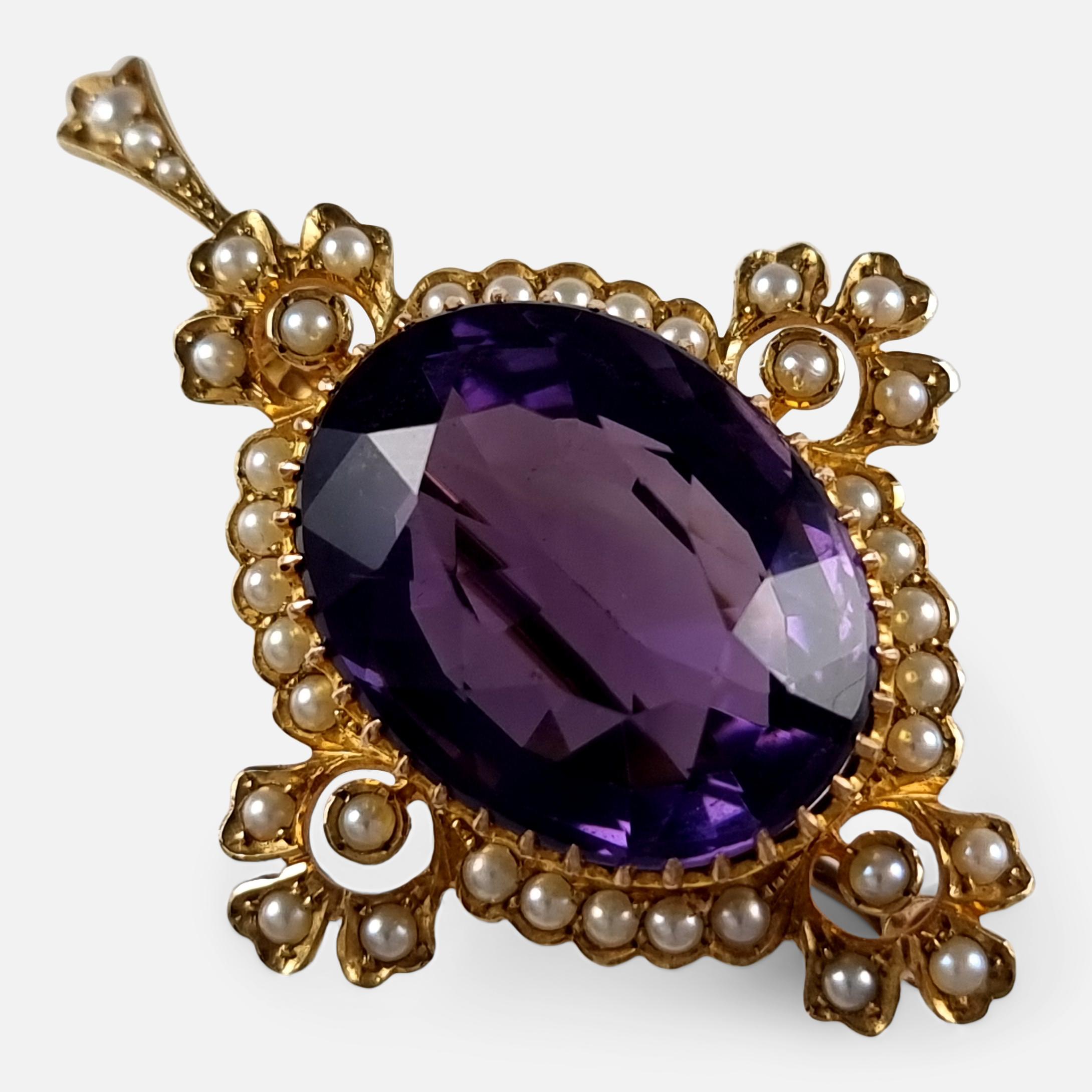 Women's Edwardian 15ct Gold Amethyst and Seed Pearl Pendant Brooch