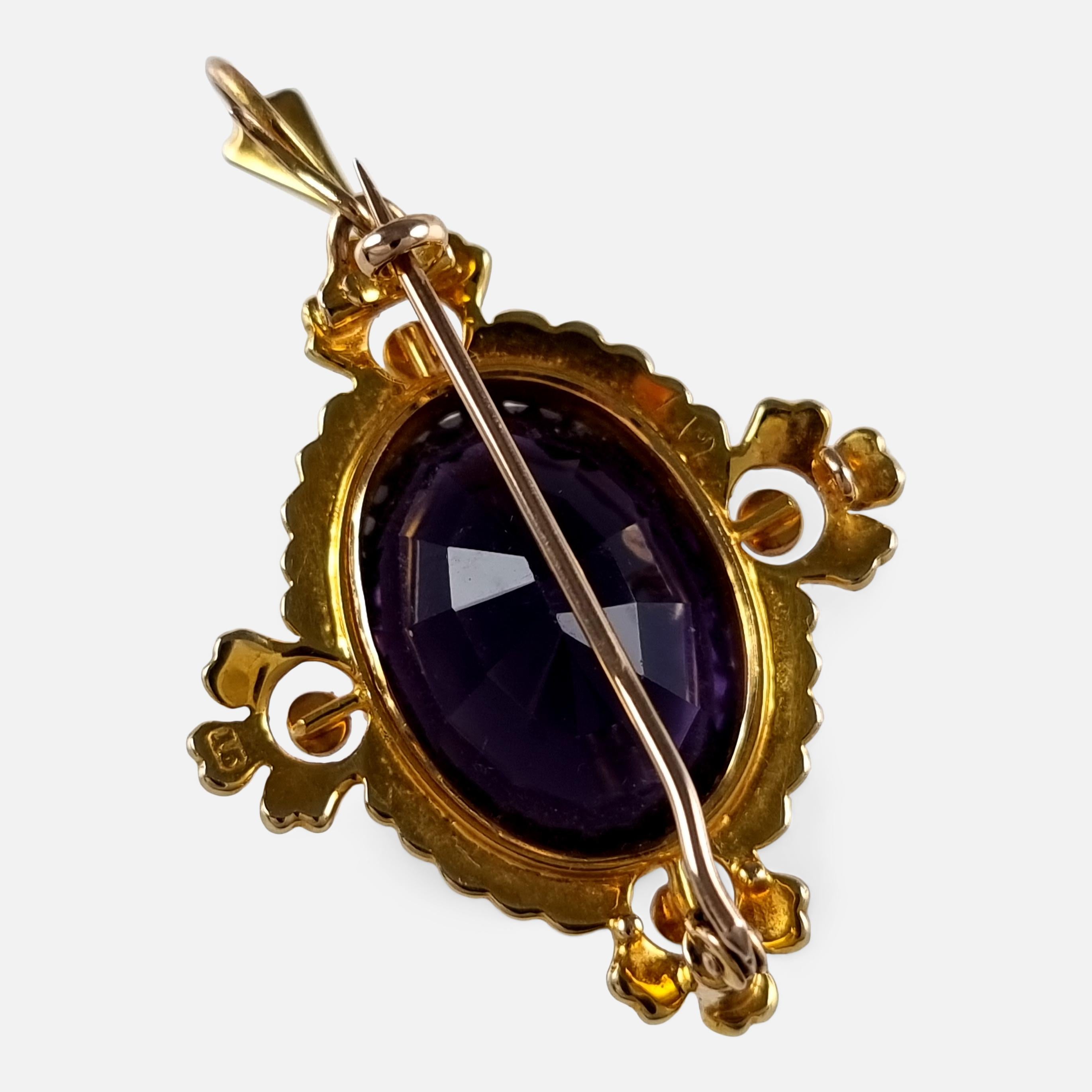 Edwardian 15ct Gold Amethyst and Seed Pearl Pendant Brooch 2
