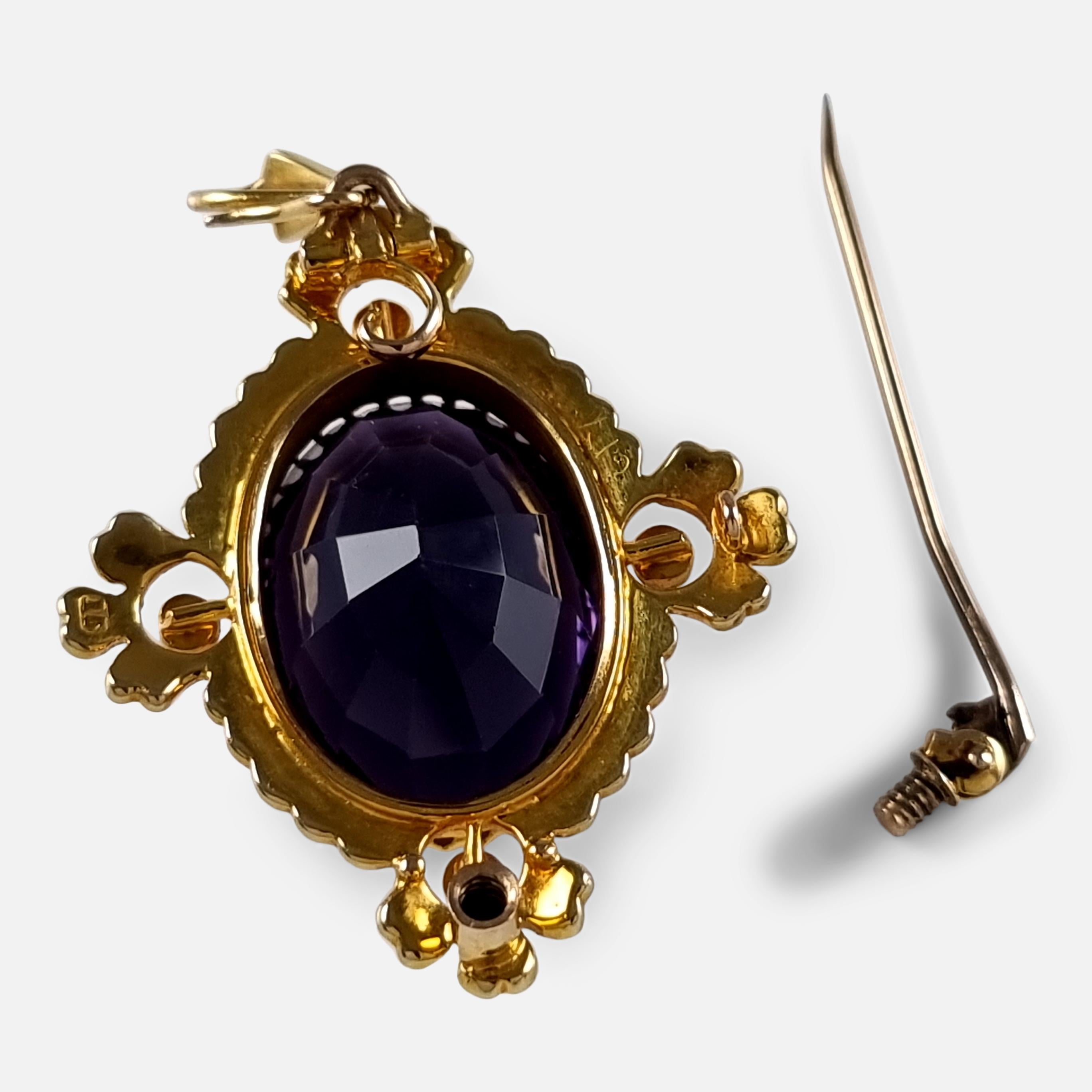 Edwardian 15ct Gold Amethyst and Seed Pearl Pendant Brooch 4