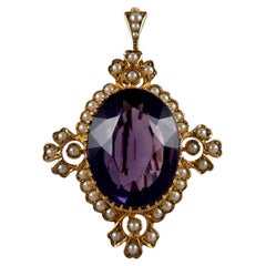 Edwardian 15ct Gold Amethyst and Seed Pearl Pendant Brooch