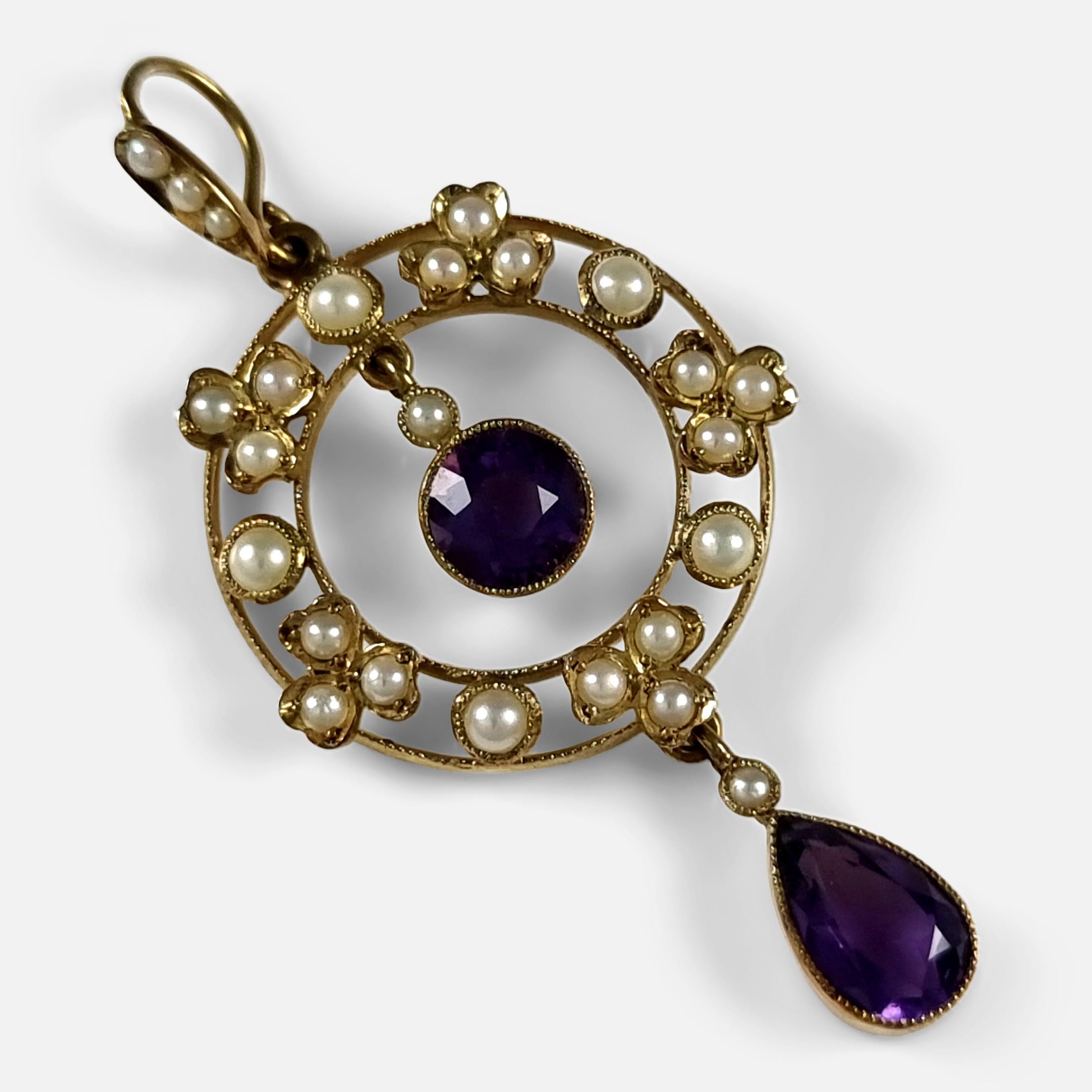 Oval Cut Edwardian 15ct Gold Amethyst and Seed Pearl Pendant For Sale